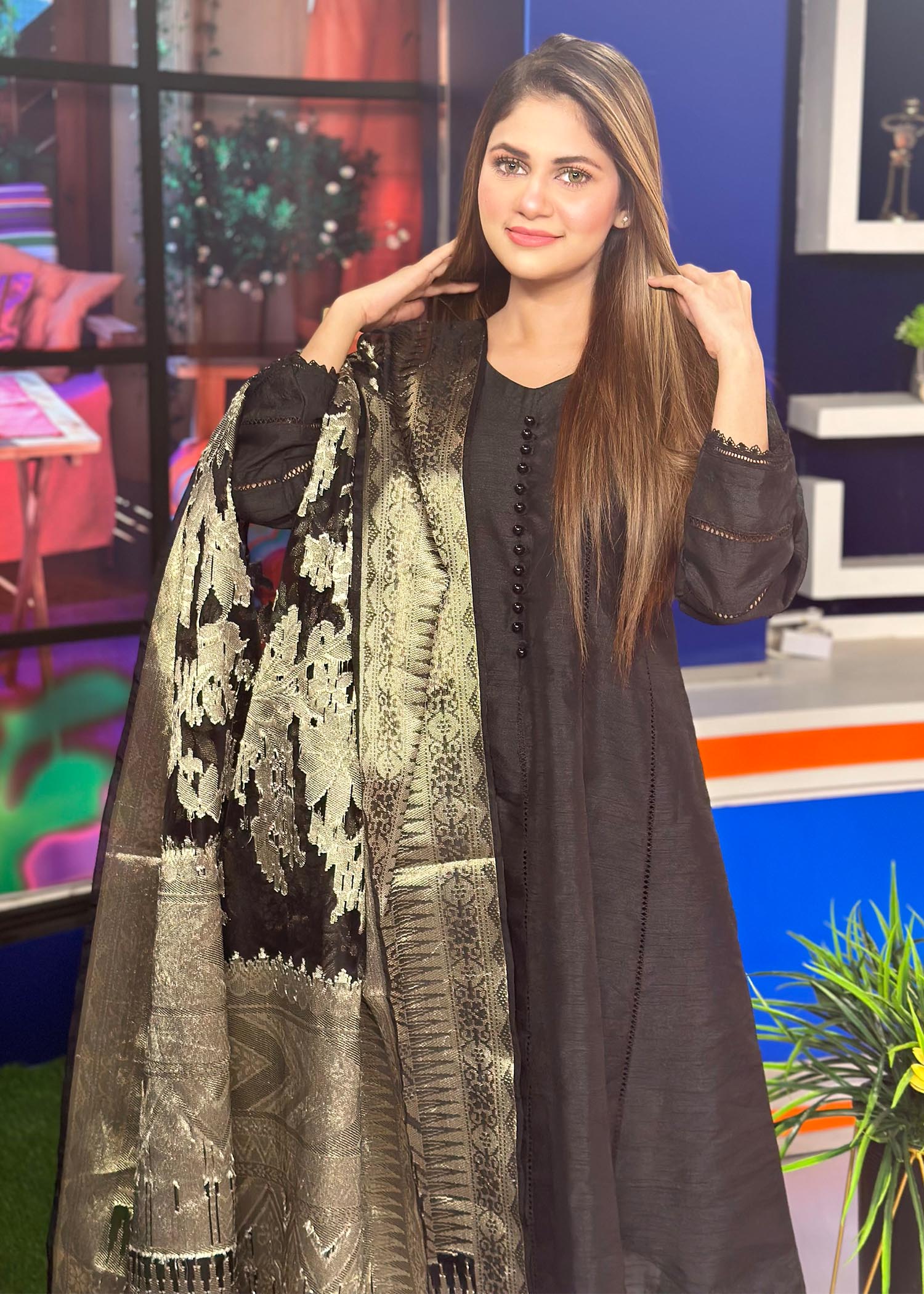 raw silk Short Frock in Black