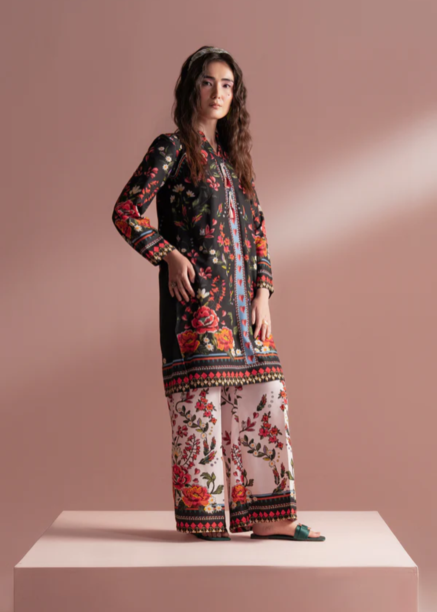 silk finish lawn Kurta Set in Ivory, black