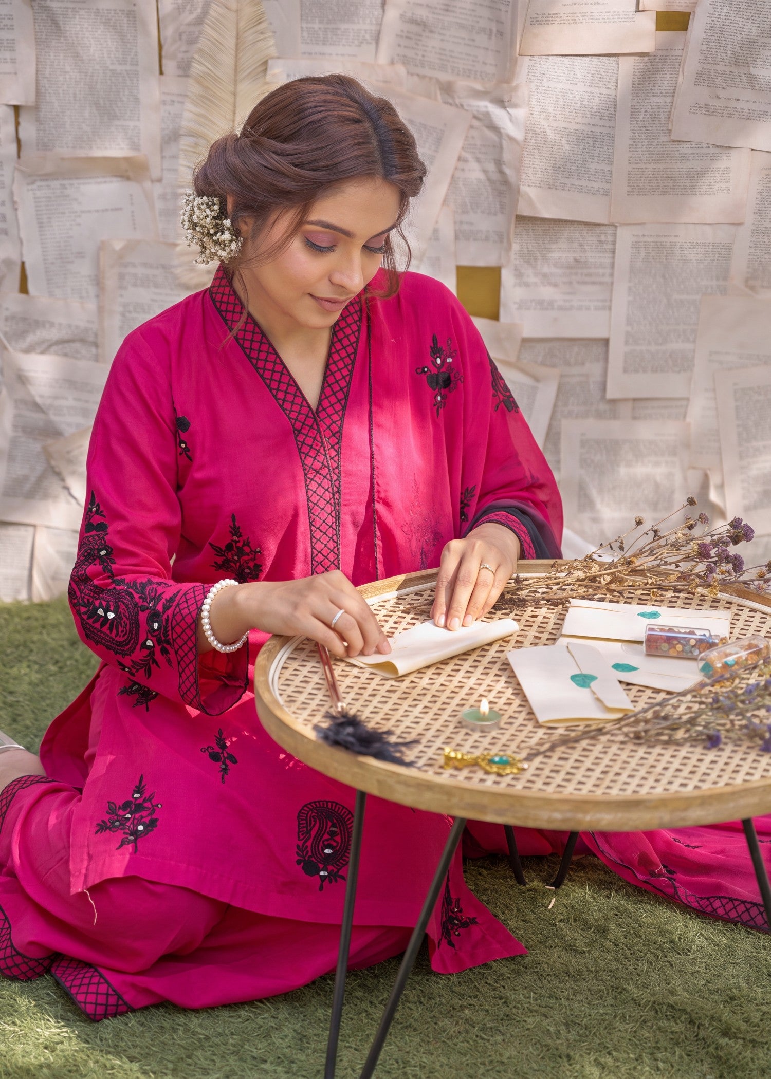 cotton Kurta Set in Hot pink red
