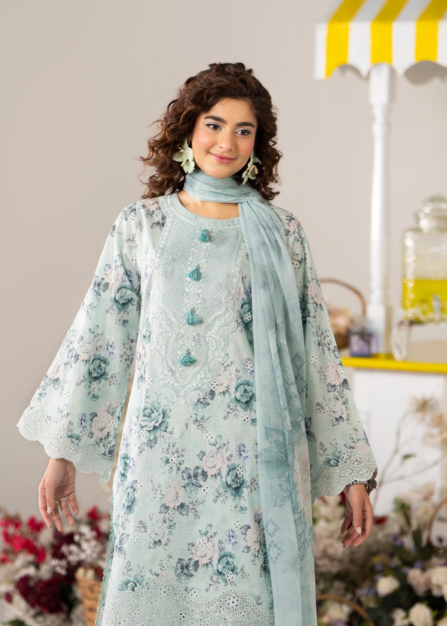lawn cotton Sharara in Mint green, ice blue