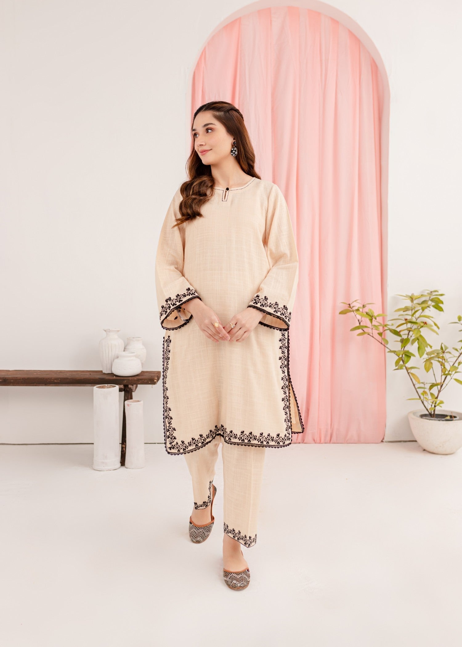 khaddar Kurta Set in Cream
