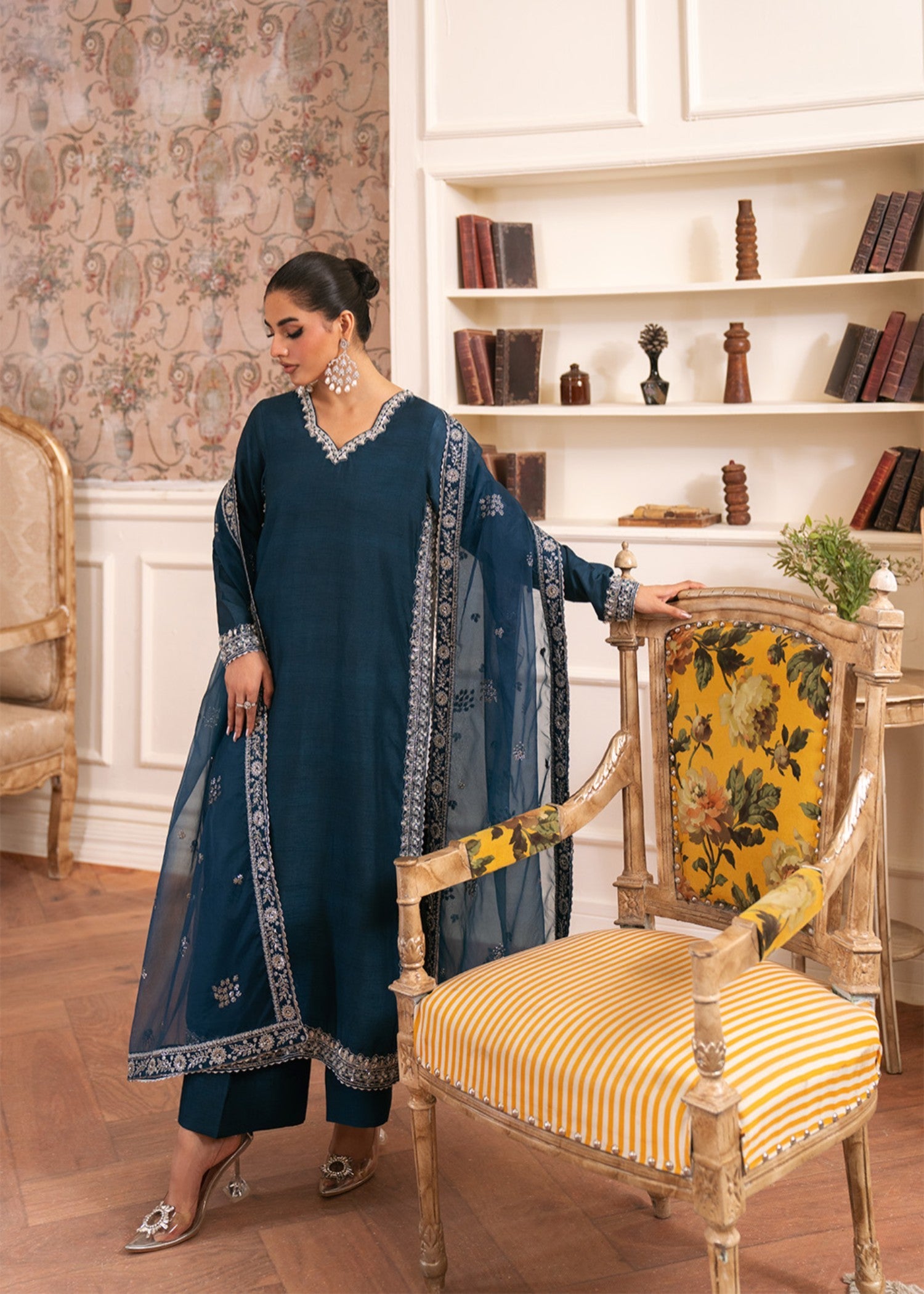 korean raw silk Kurta Set in Steel teal