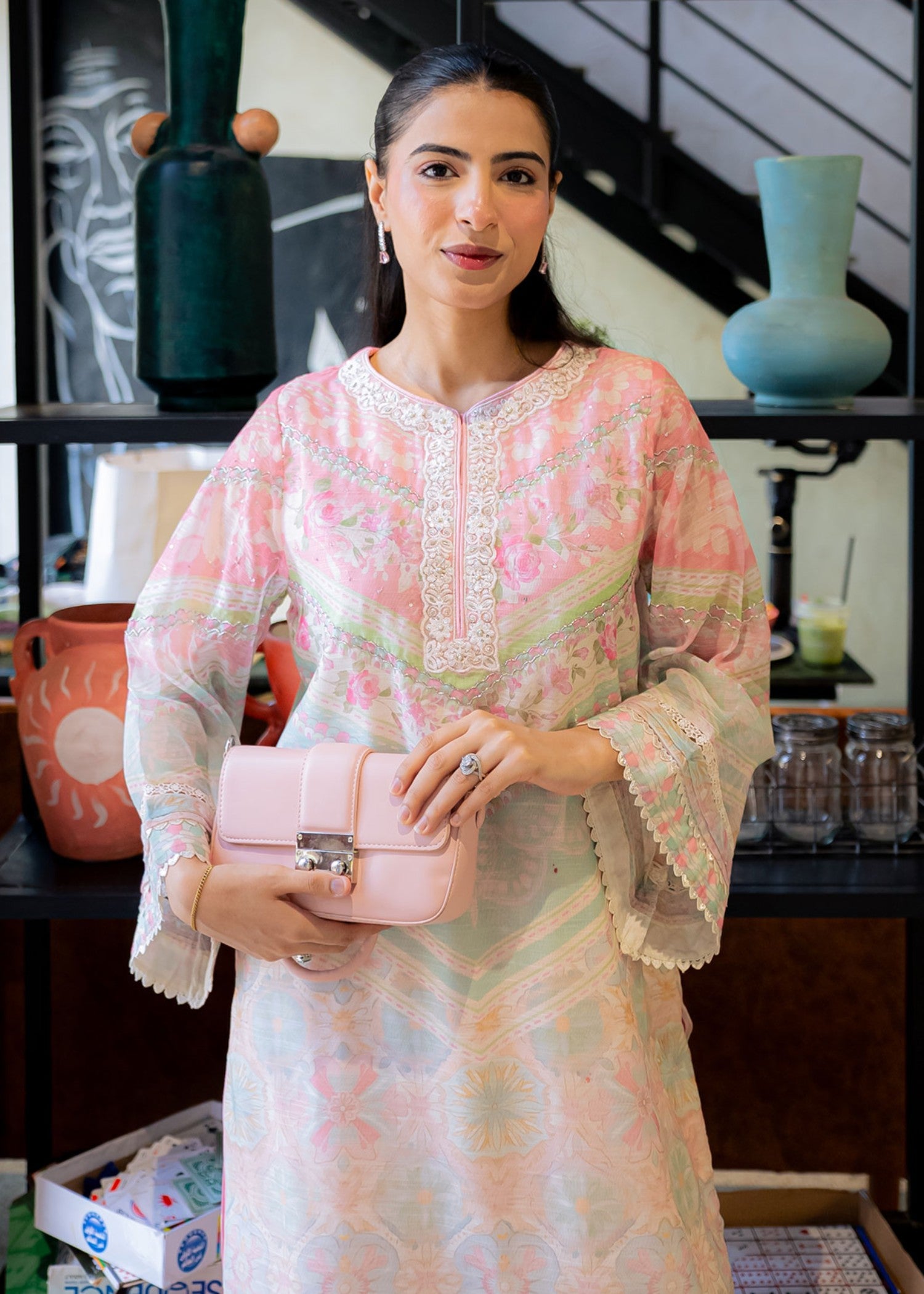manaar Kurta Set in Pink, pearl white