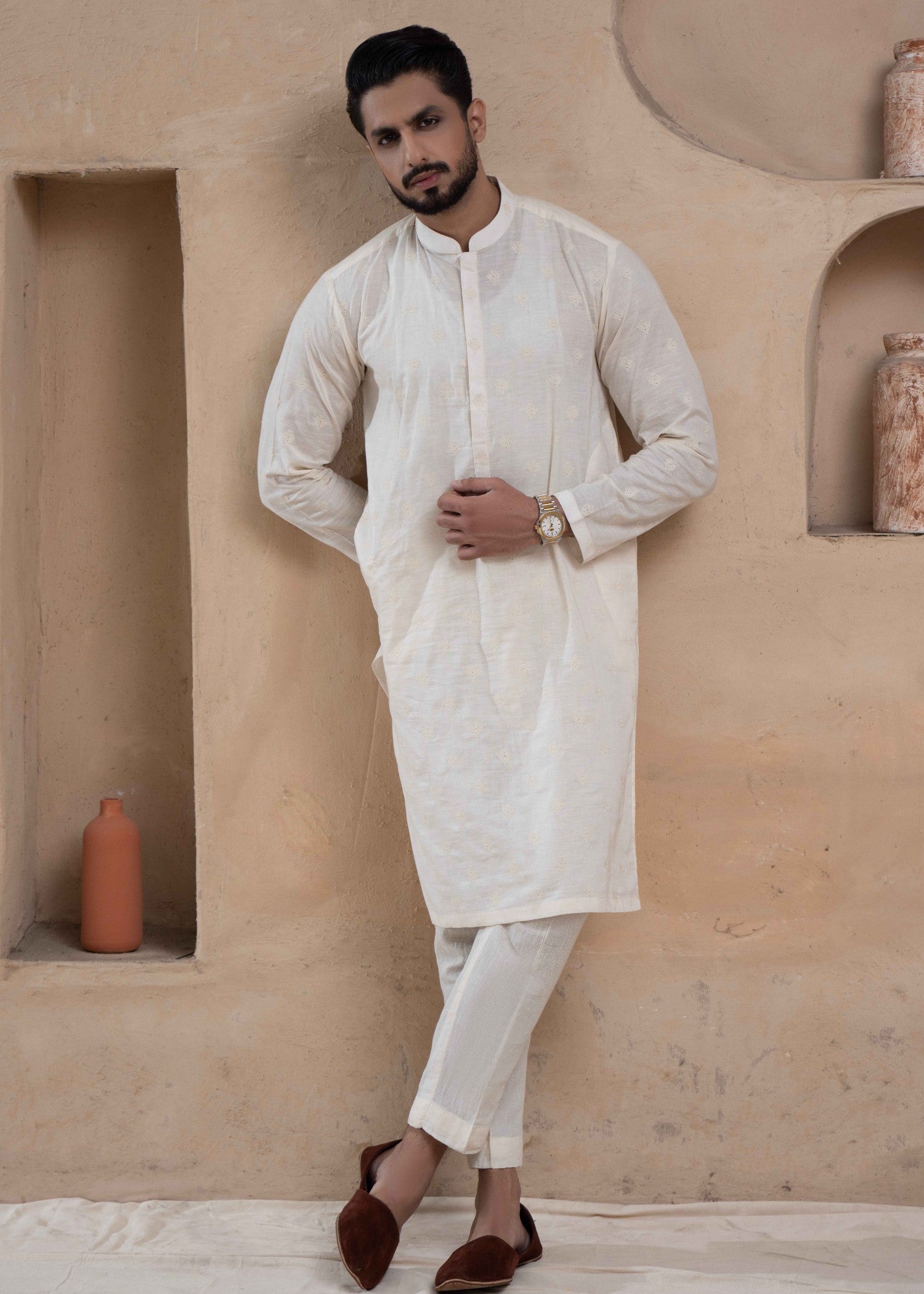cotton jacquard Kurta in Off-white