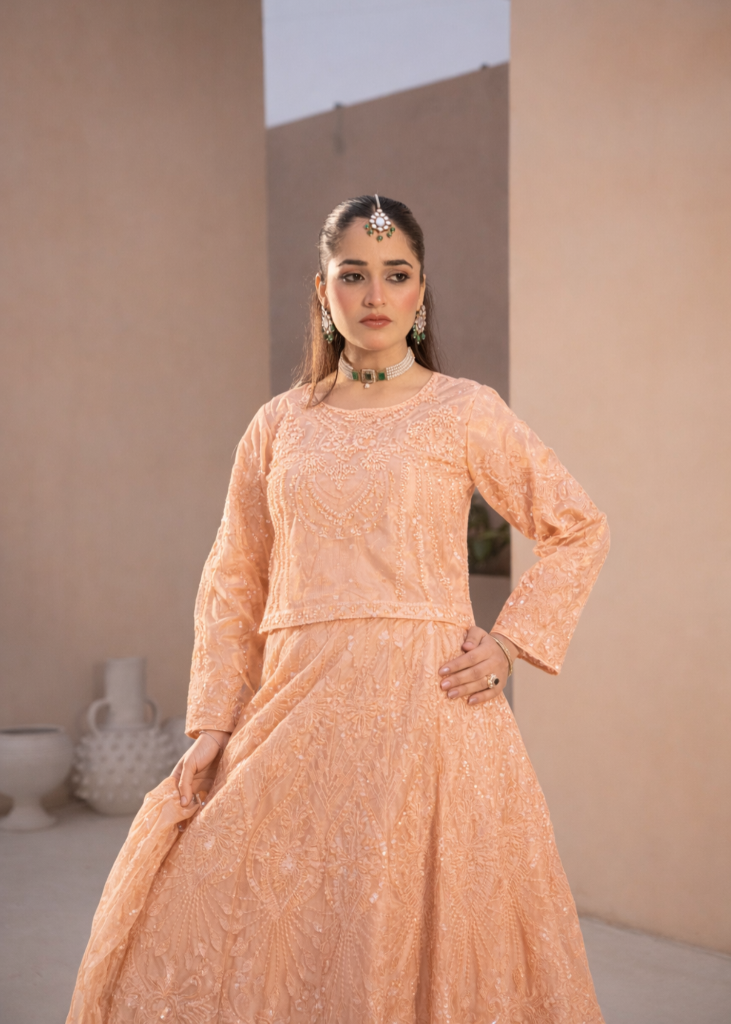 net Lehenga in Peach orange