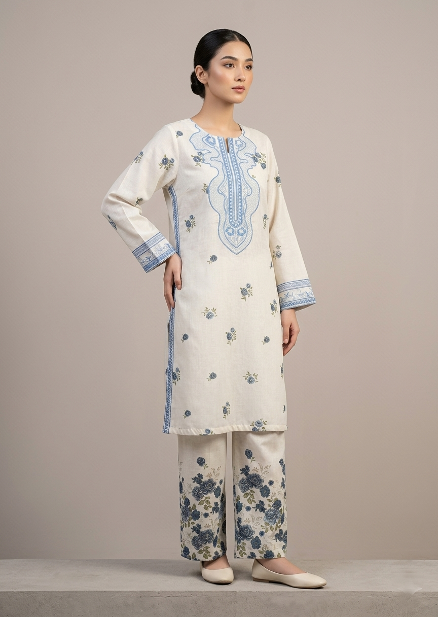 lawn Kurta Set in Blue, off-white