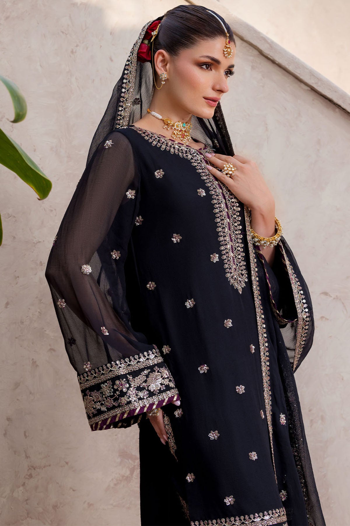 crinkle chiffon Kurta Set in Black