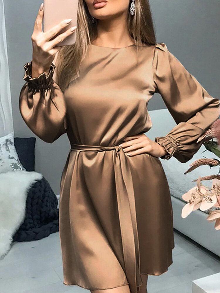 Women  Satin Solid Puff Sleeve Knee Length Midi Dresses
