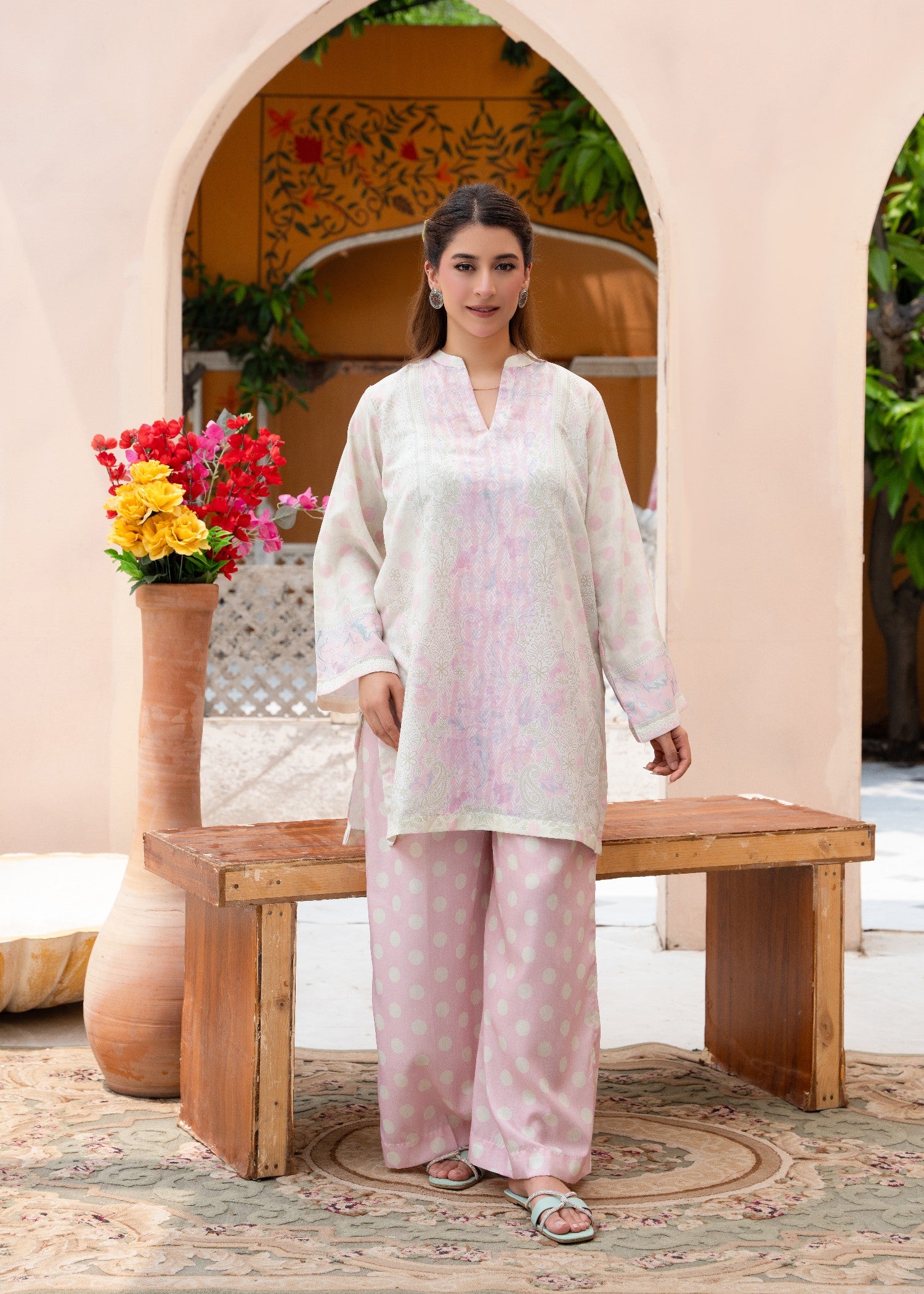 cambric Kurta Set in Cotton, rose pink