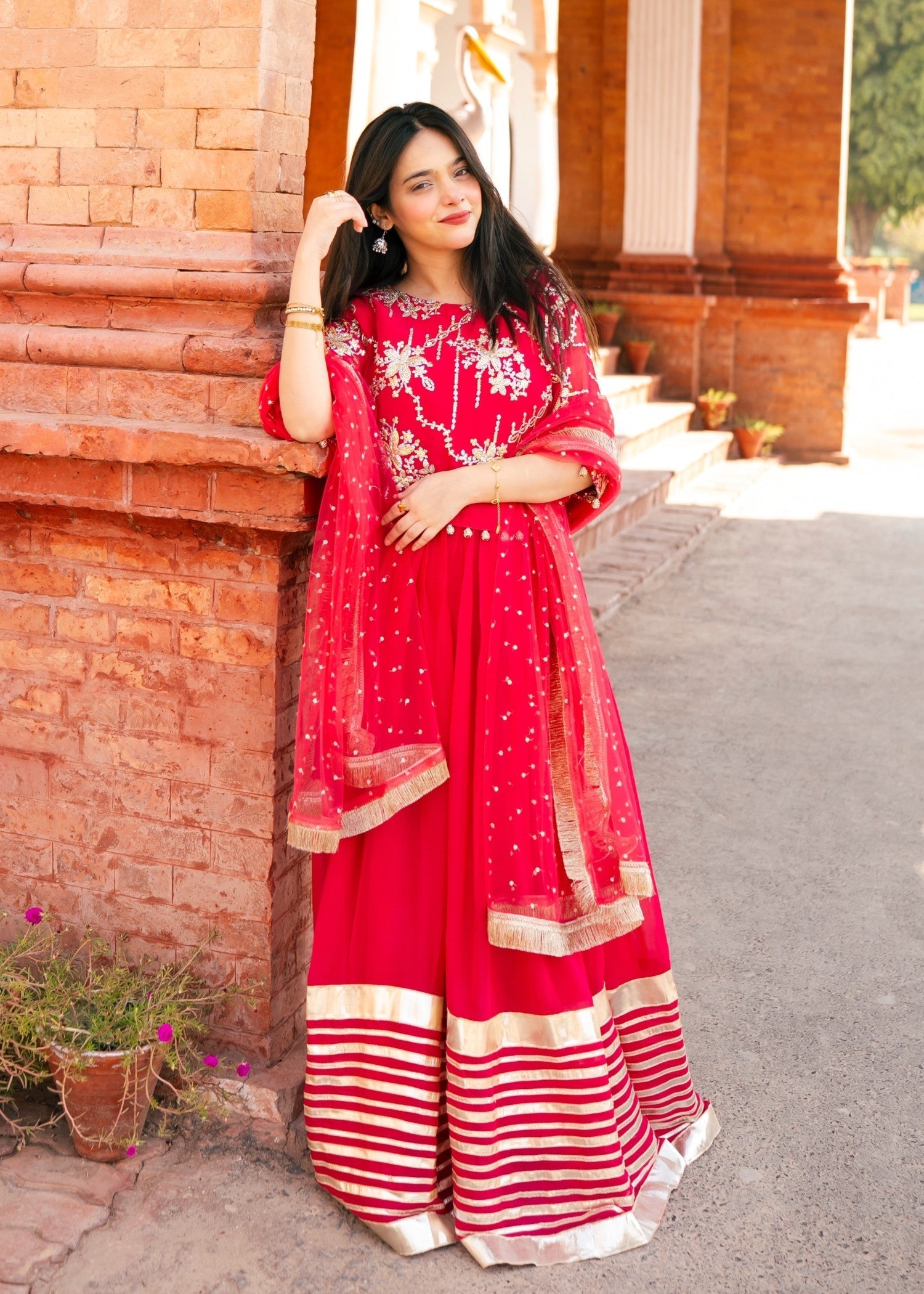 bemberg crinkle chiffon Lehenga in Raspberry pink