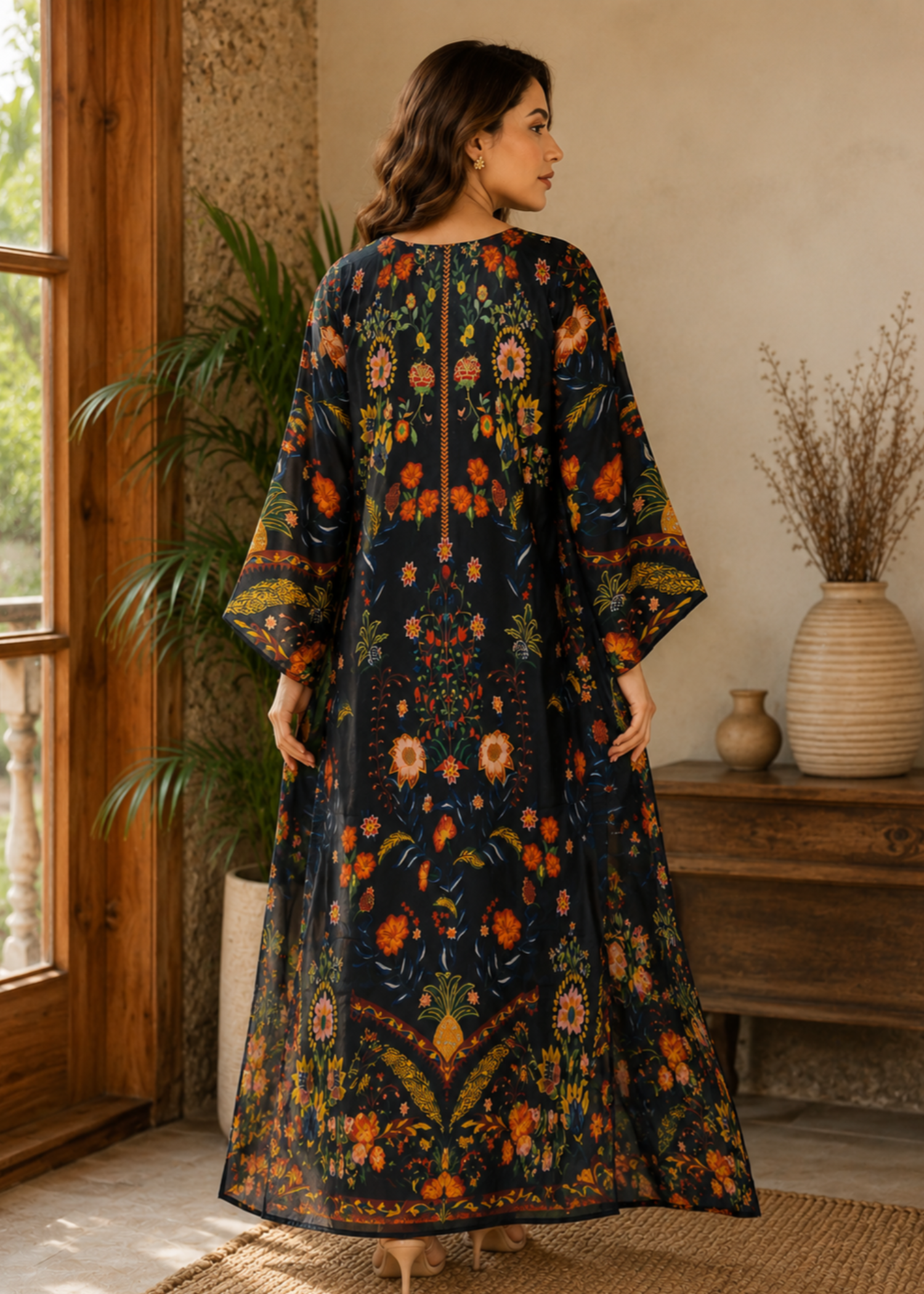 silk charmeuse Kaftan in Black