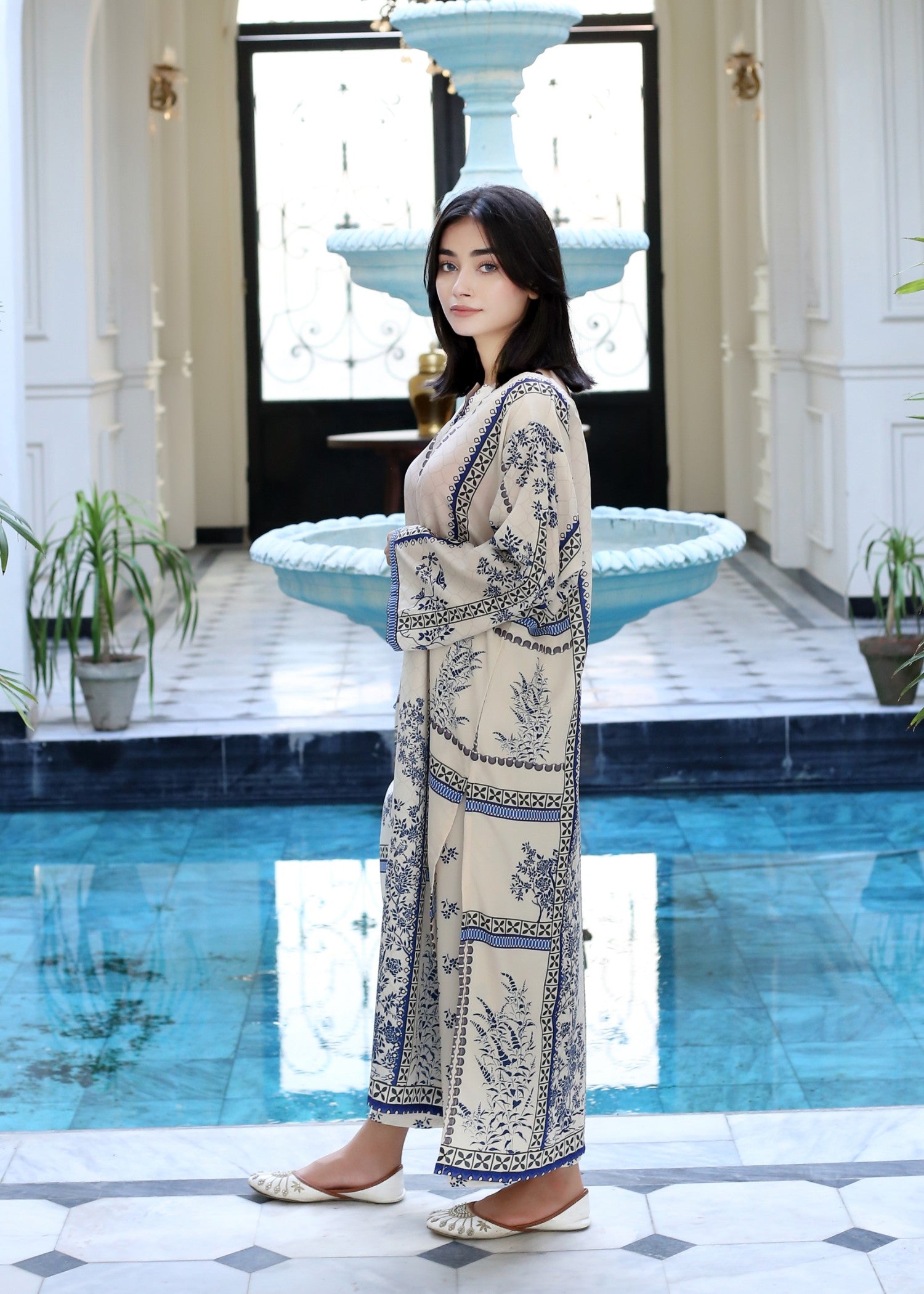 poly lawn Kurta Set in Beige