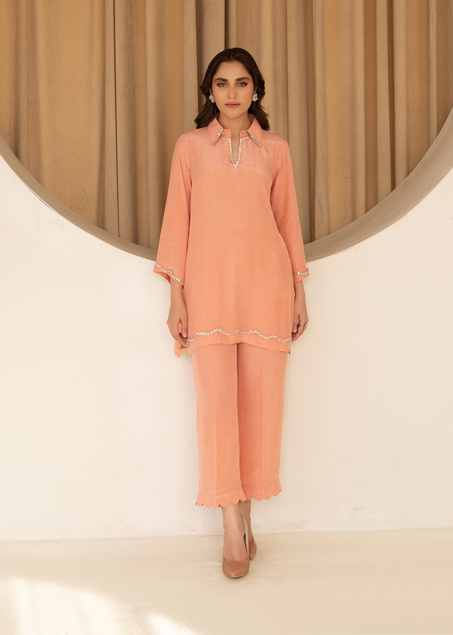 thai silk Kurta Set in Peach pink