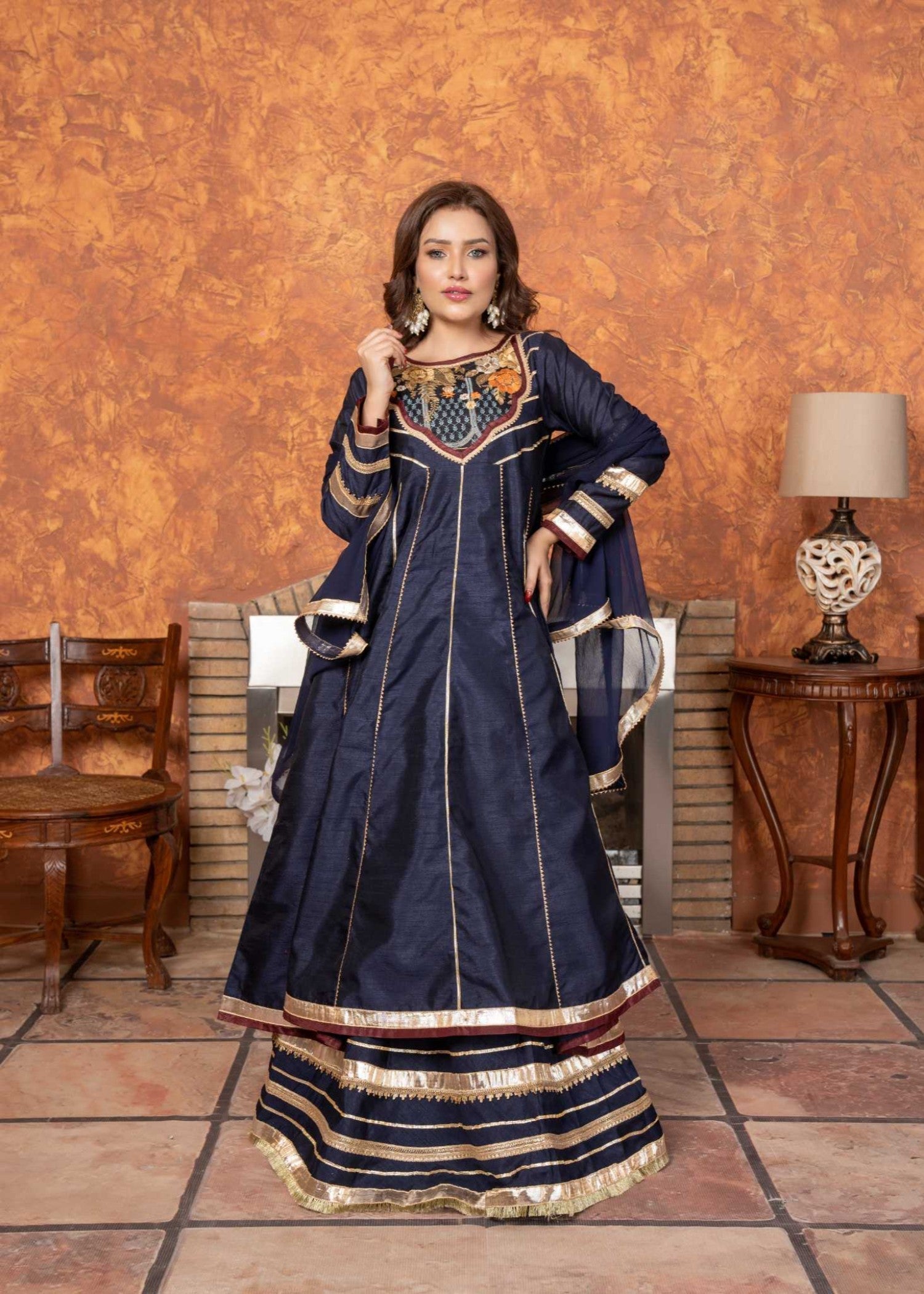 raw silk Maxi in Navy blue