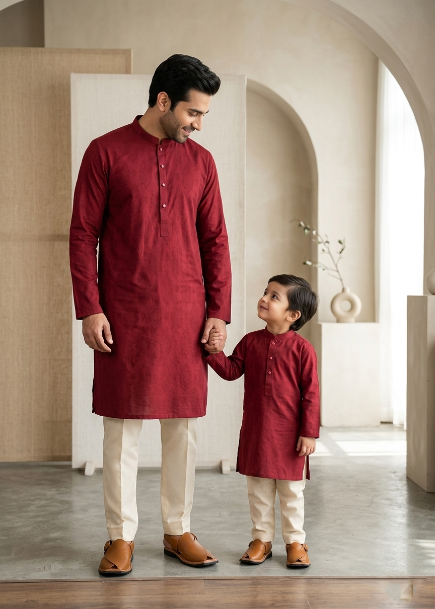 self jacquard Kurta in Maroon