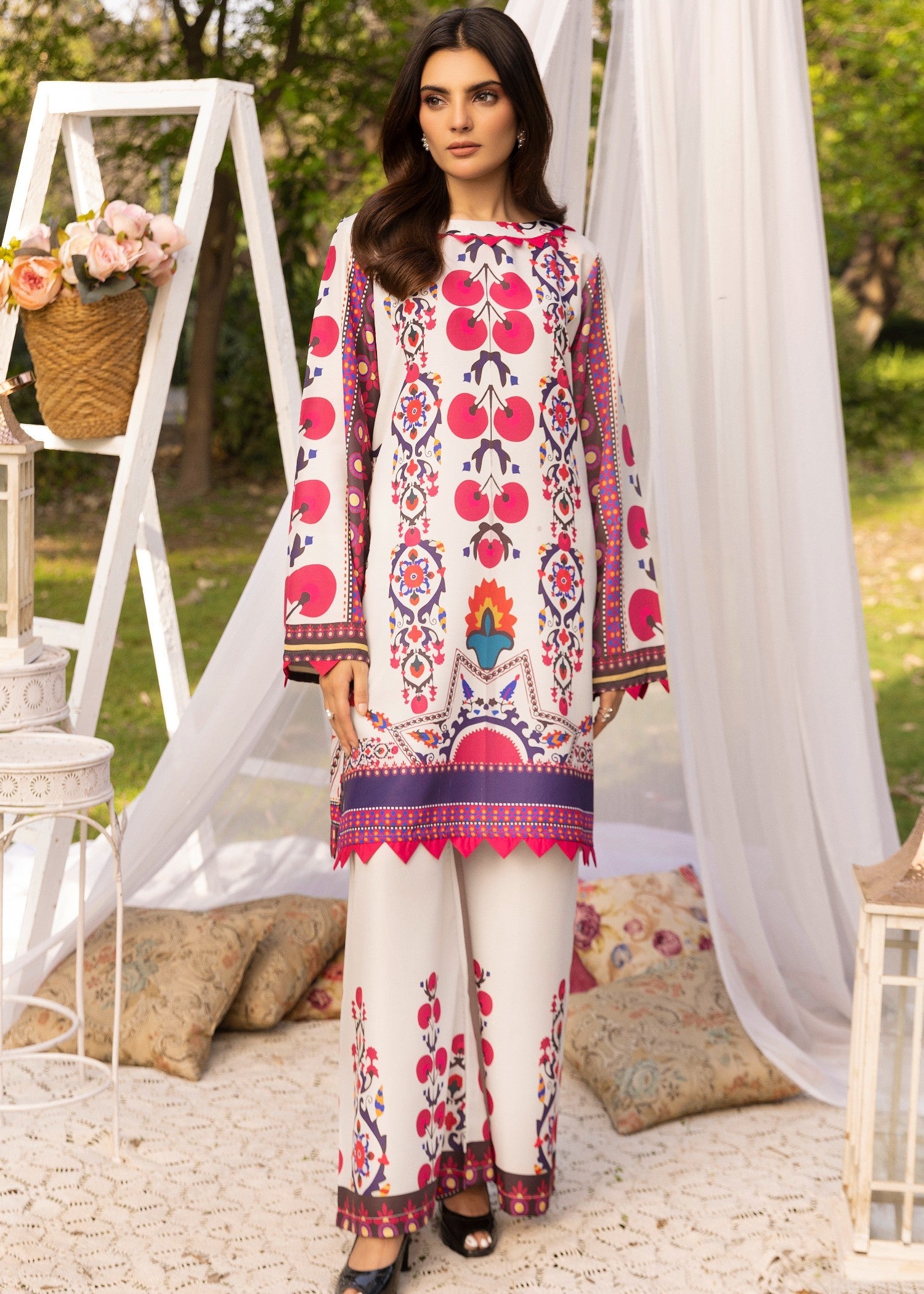 lawn Co Ord Sets in White, hot pink red