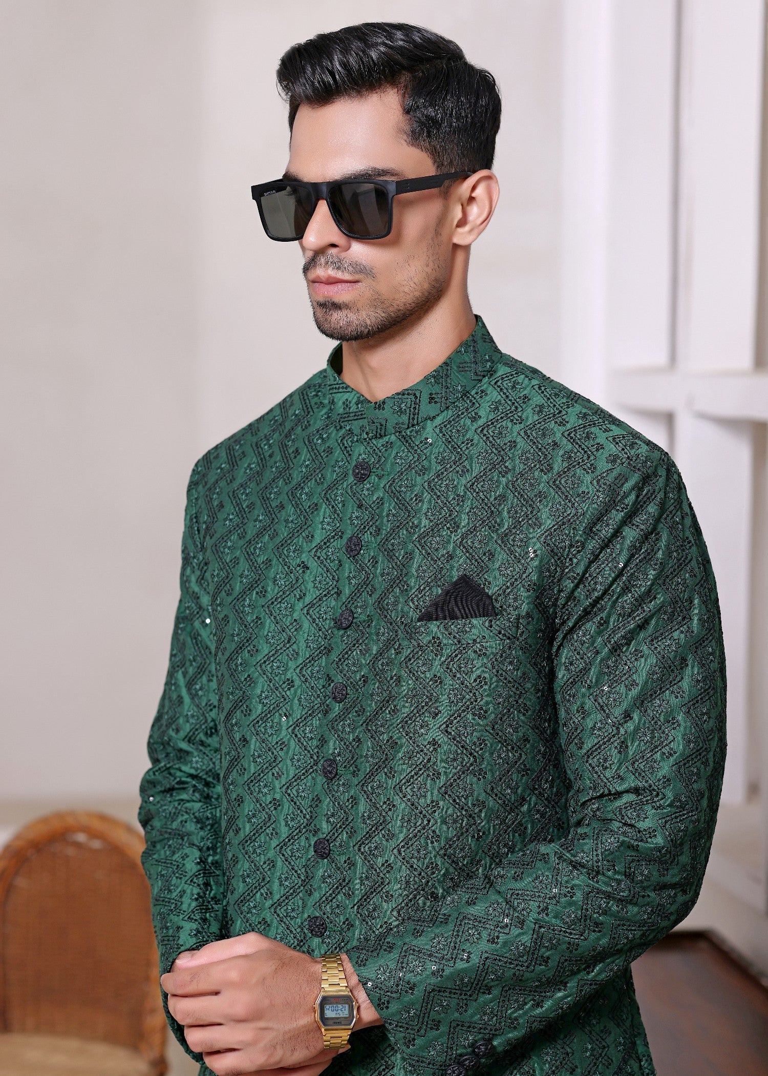raw silk Sherwani in Green