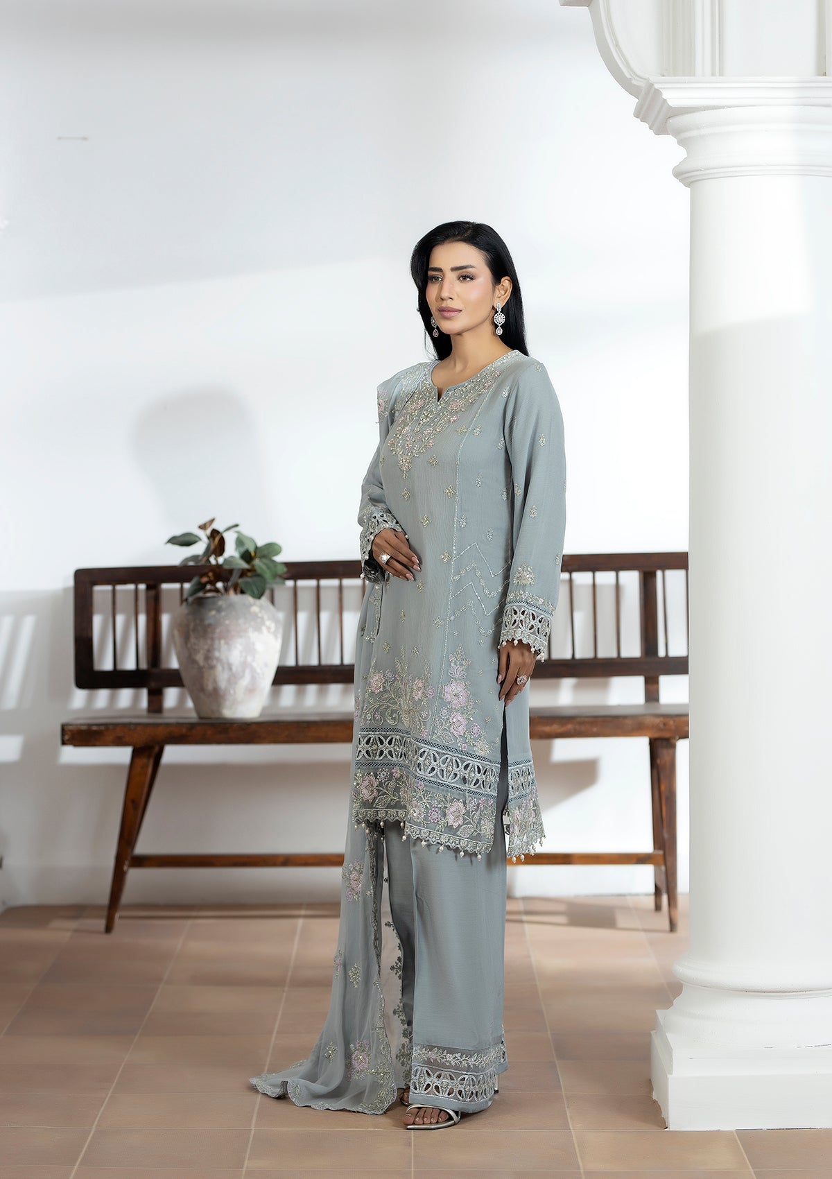 chiffon Kurta Set in Ash grey