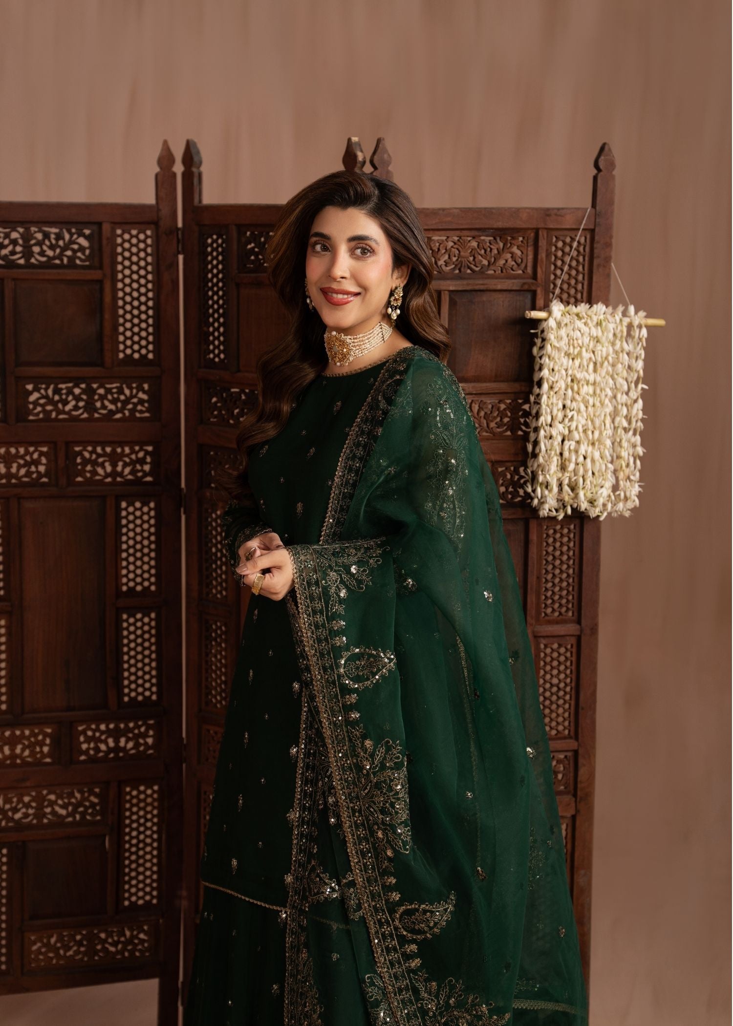 chiffon Lehenga in Bottle green