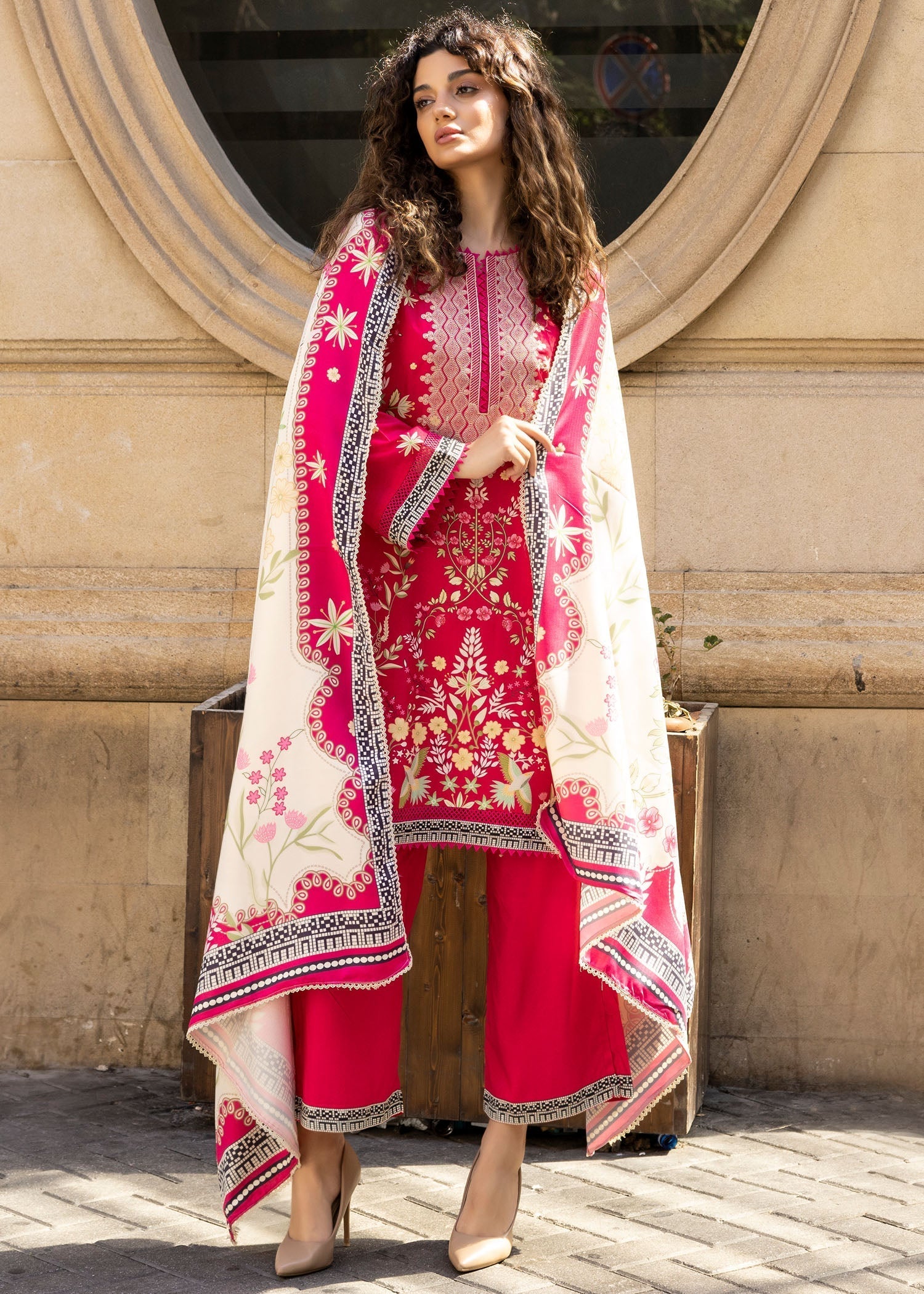 linen Kurta Set in Shocking pink