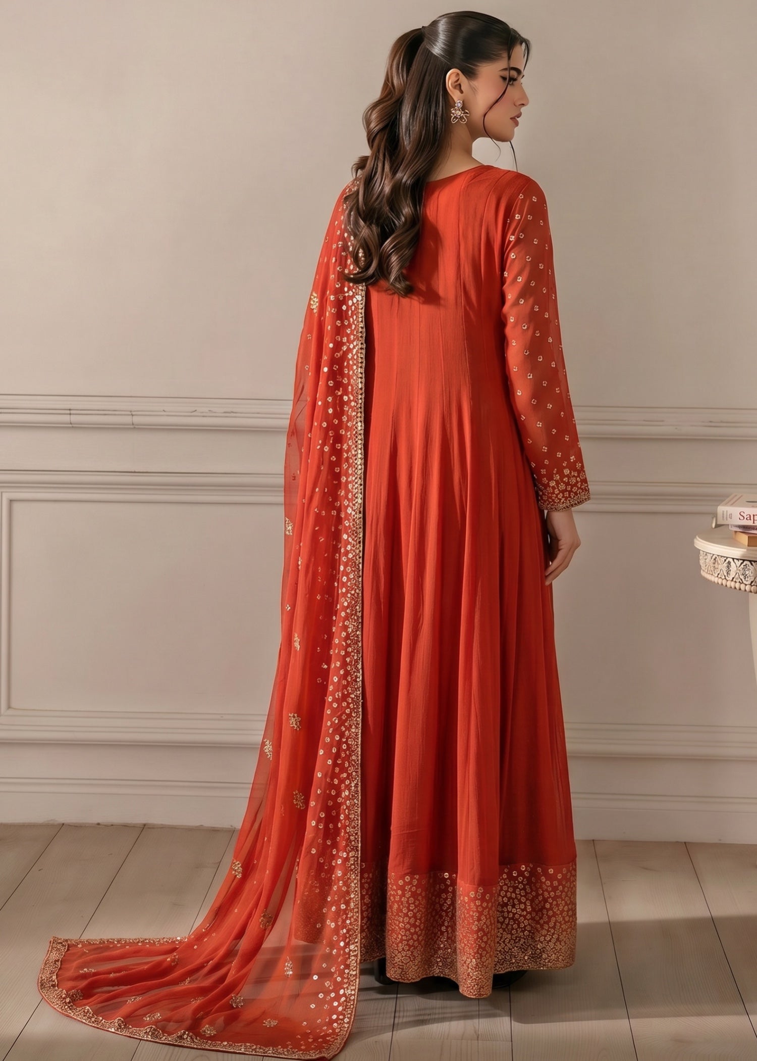 chiffon Pishwas in Rust orange