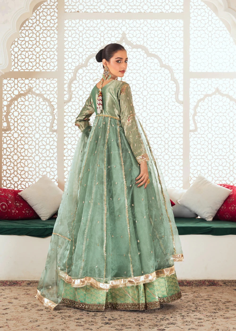 organza Pishwas in Pastel green