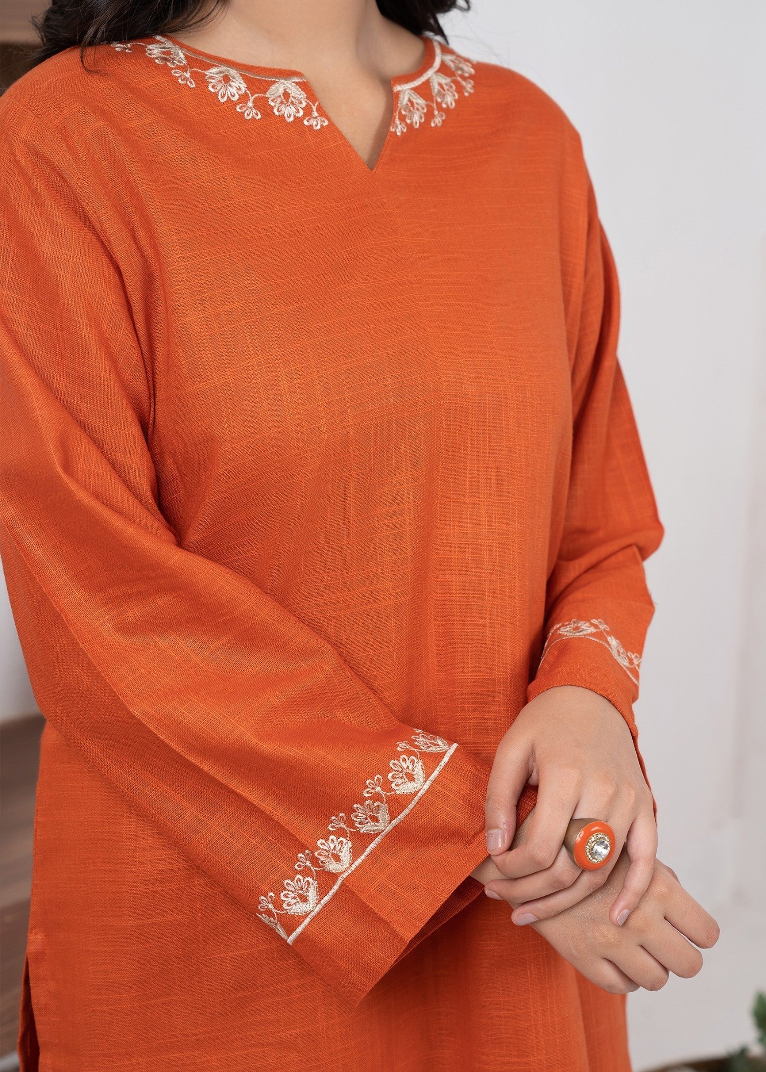 slub khaddar Co Ord Sets in Pumpkin orange