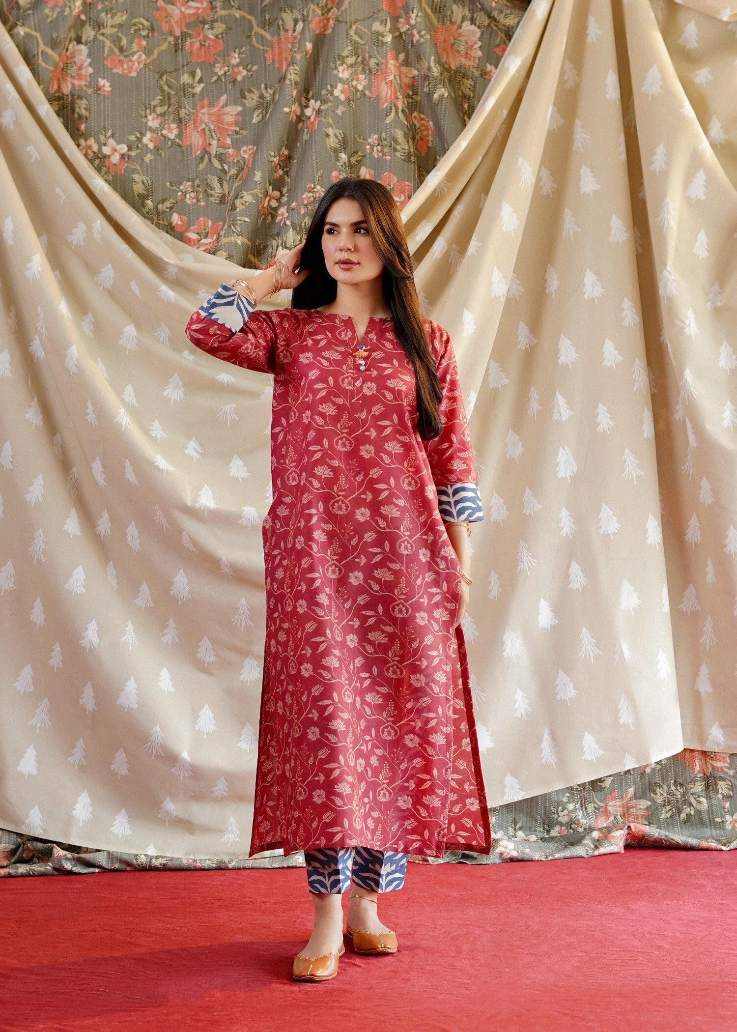 lawn Kurta Set in Brick red