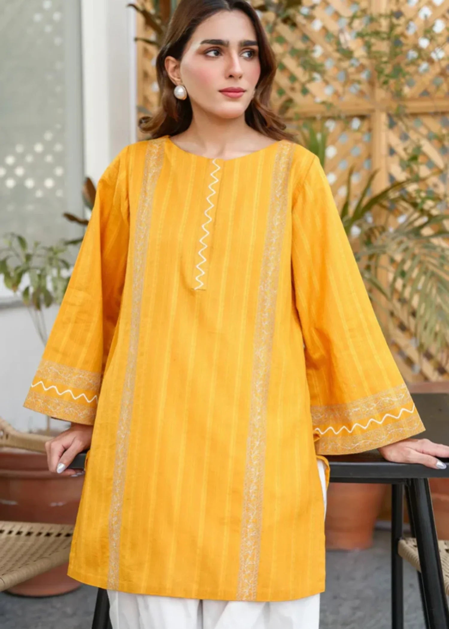 textured lawn Kurta Set in Yellow-orange