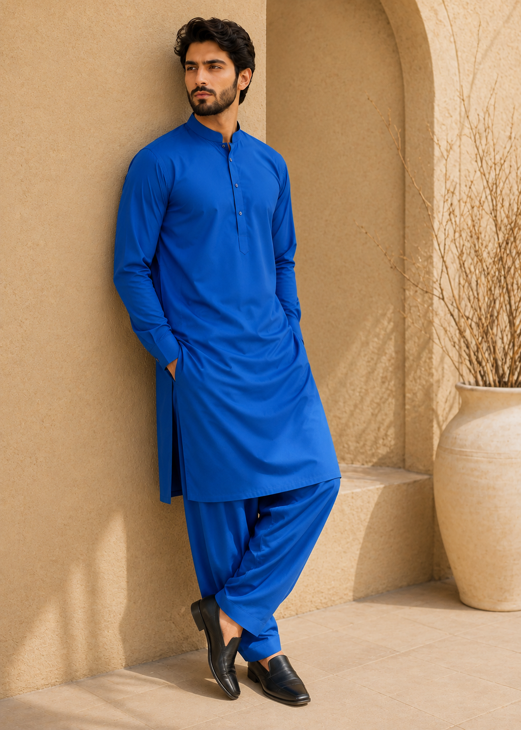 textured wash & wear Unstitched in Royal blue