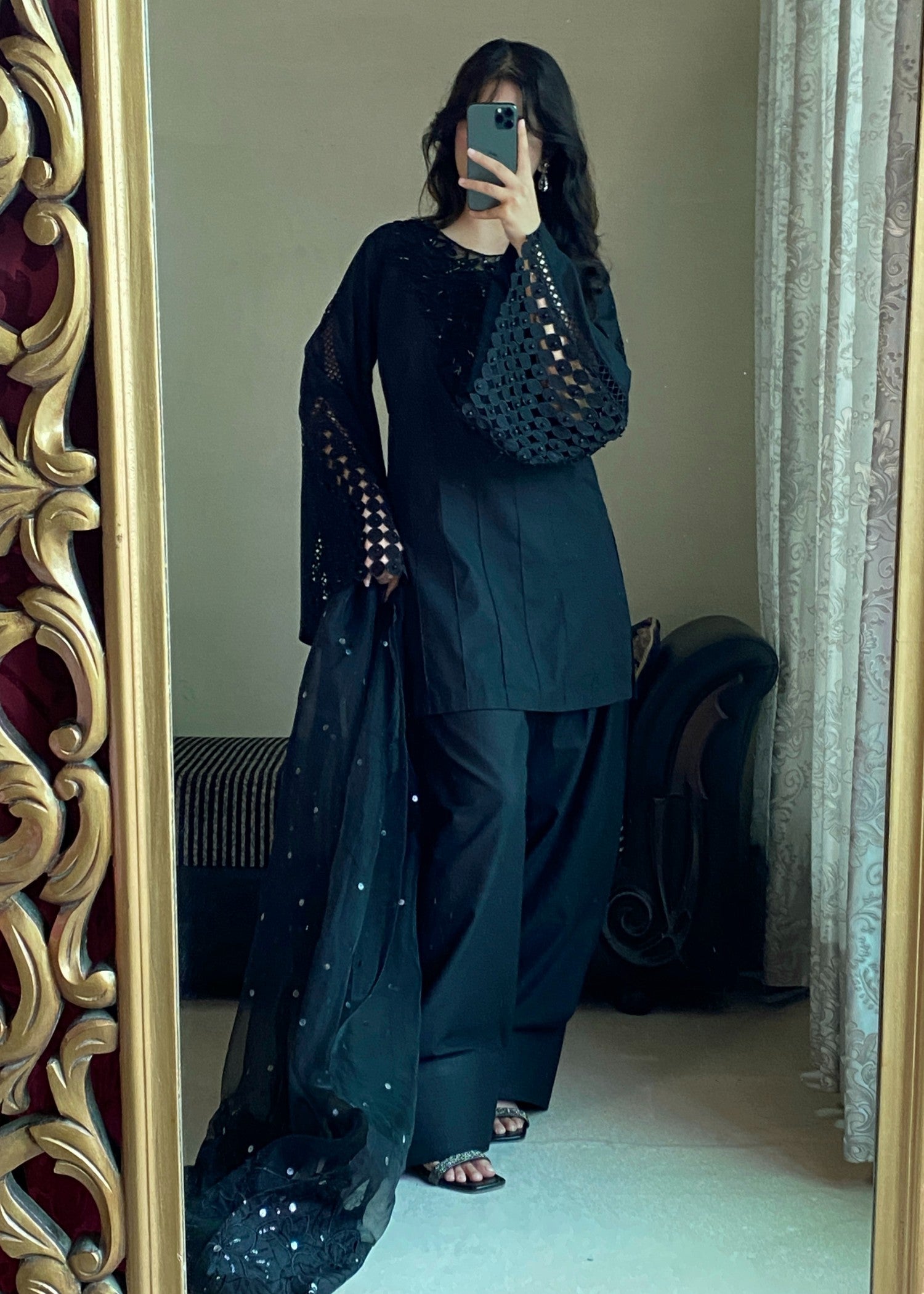 lawn cotton Kurta Set in Jet black