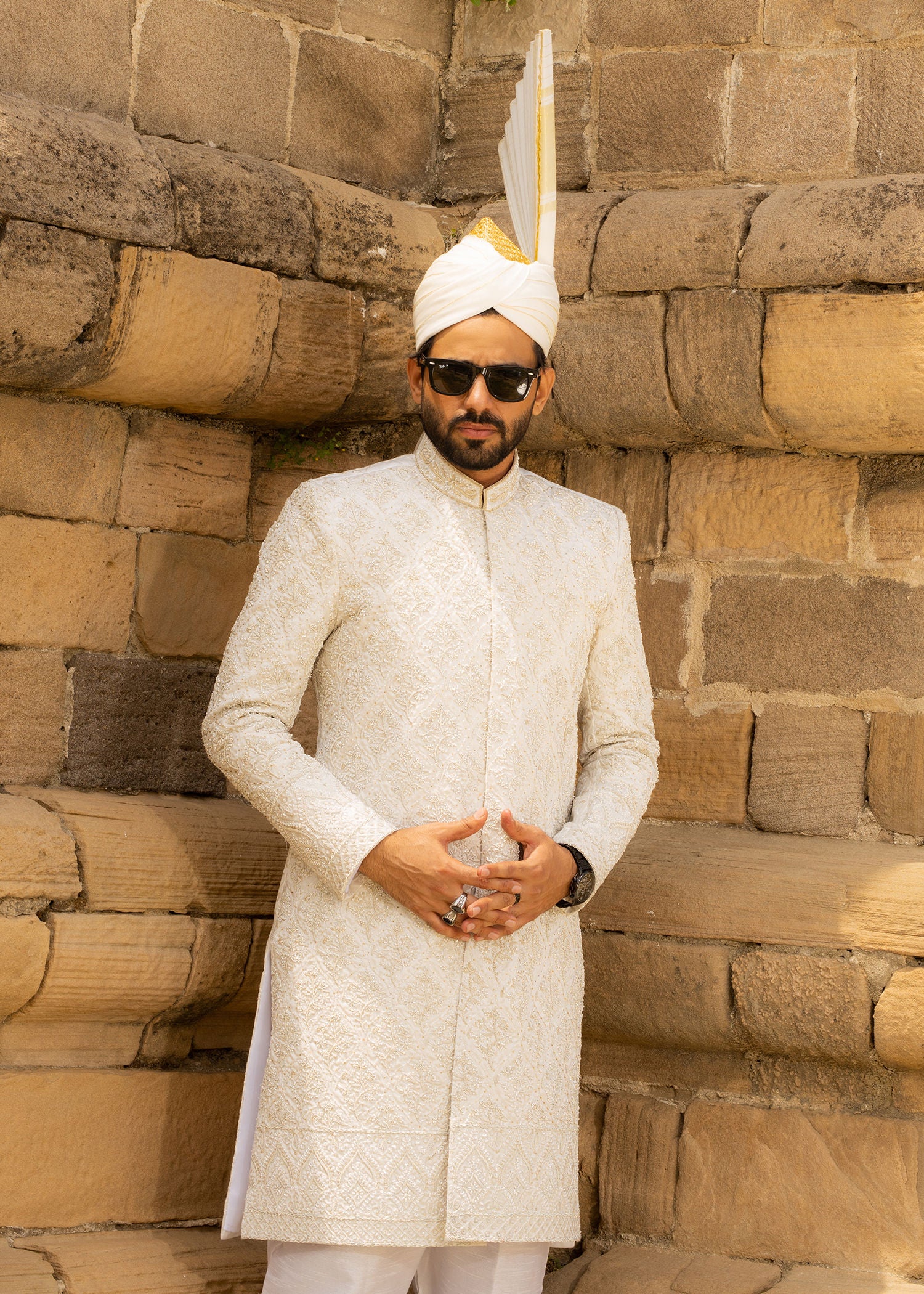 raw silk Sherwani in White