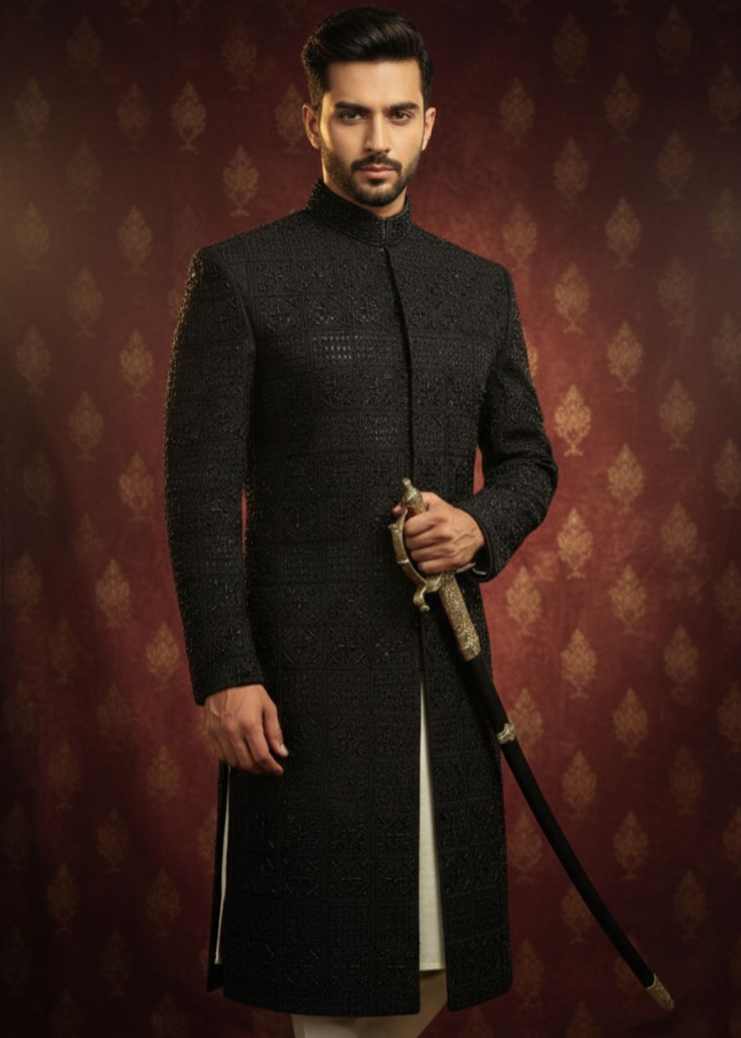 silk Sherwani in Black, jet black