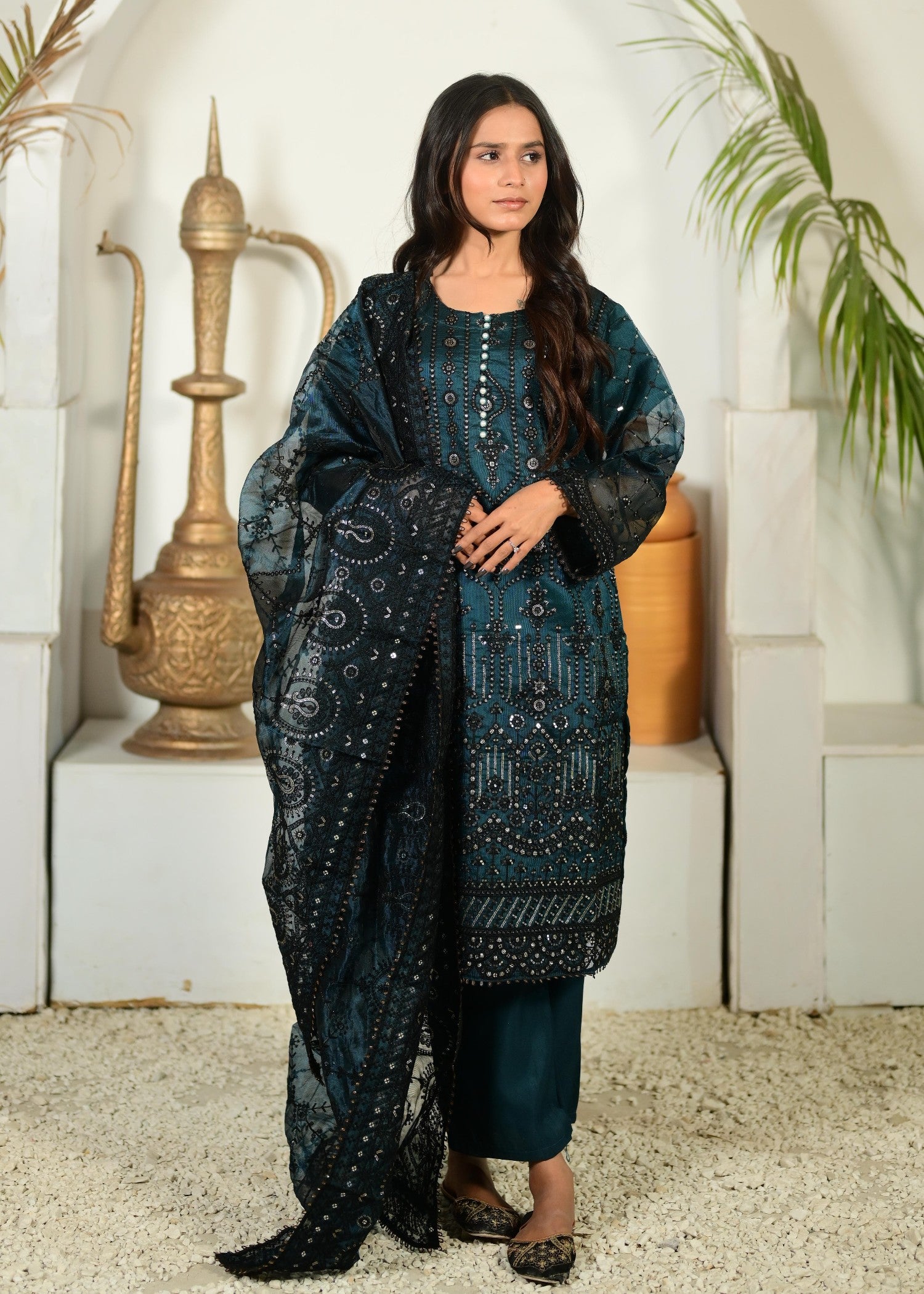 khaddi net Kurta Set in Sea green