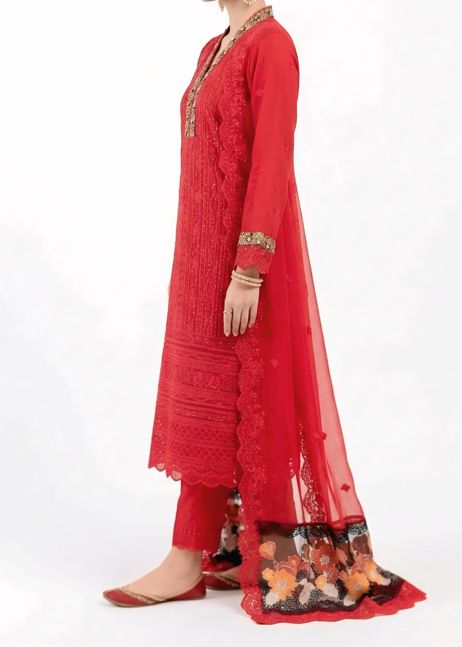 chiffon Kurta Set in Fire red