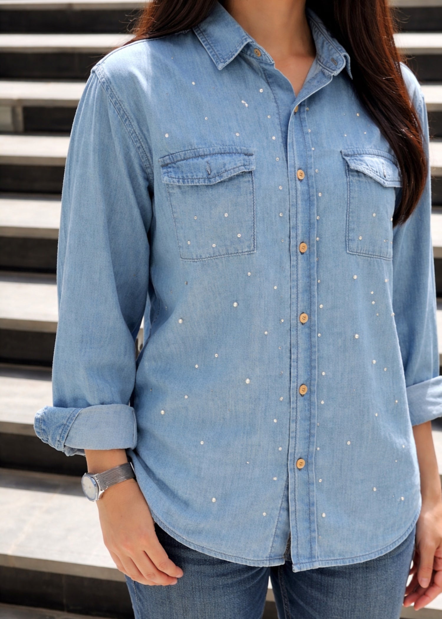 denim-like chambray Top in Sky blue