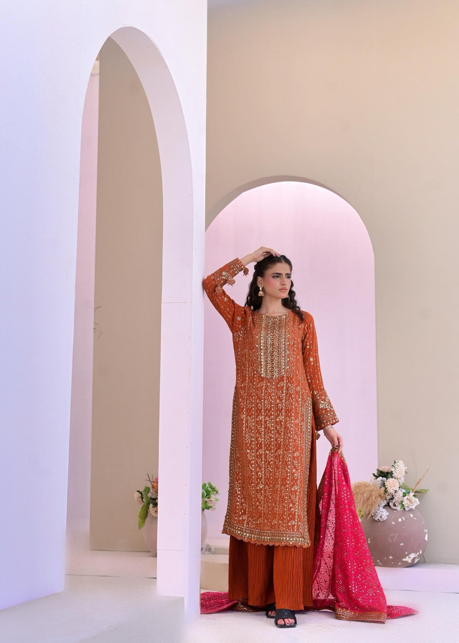 pk chiffon Kurta Set in Rust red