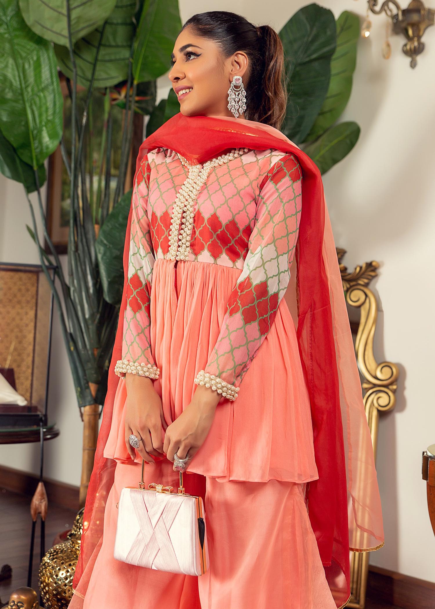chiffon Short Frock in Coral pink