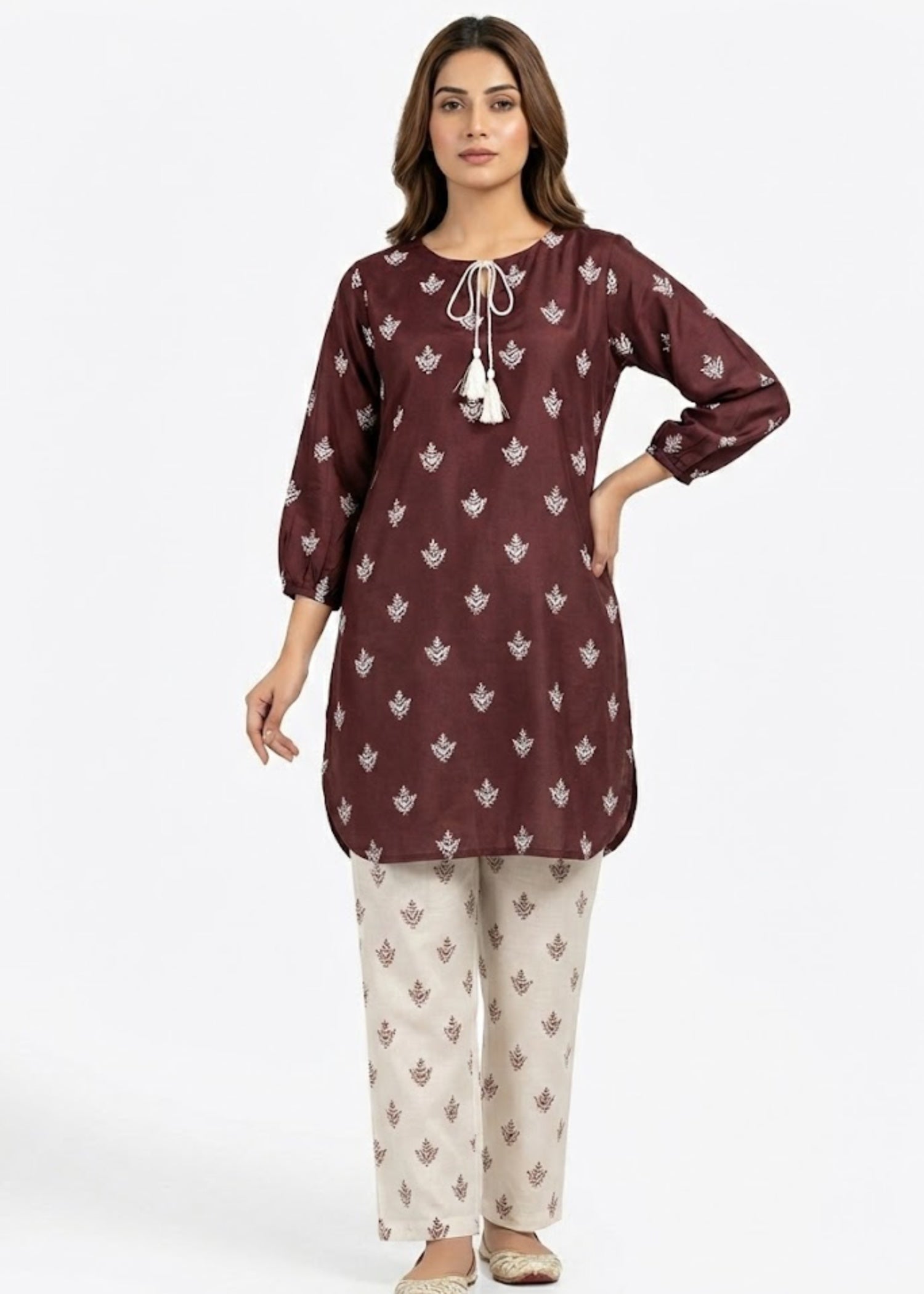 linen Kurta Set in Chocolate brown