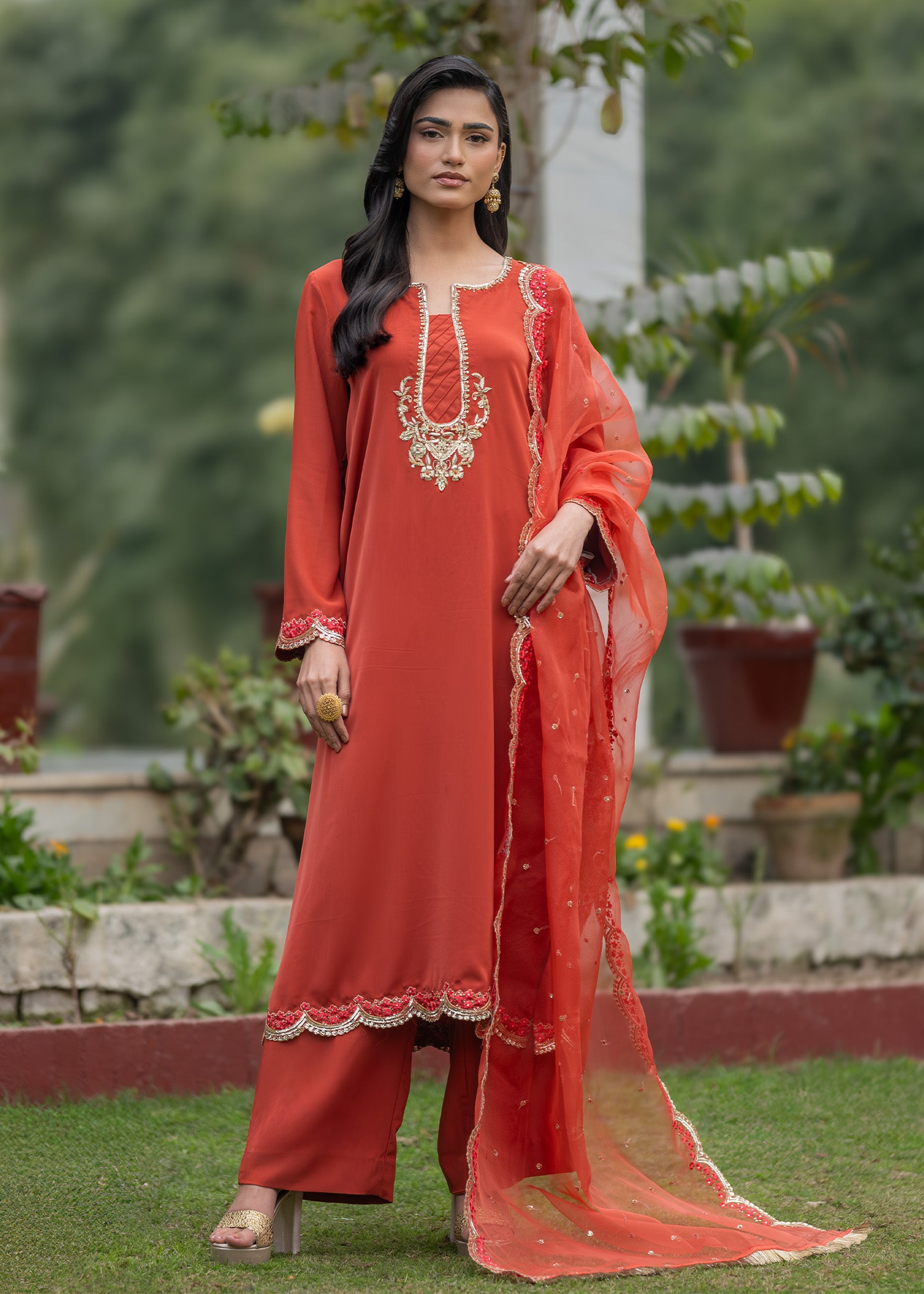 georgette Kurta Set in Rust orange