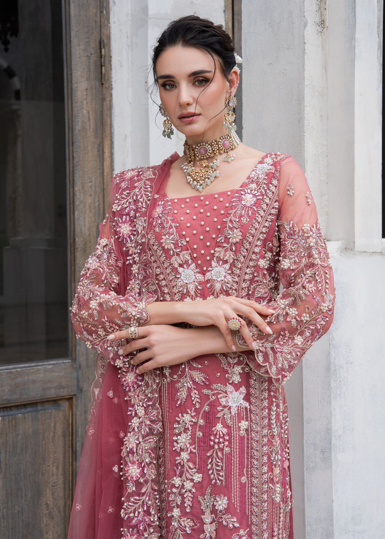 organza Kurta Set in Tea rose pink