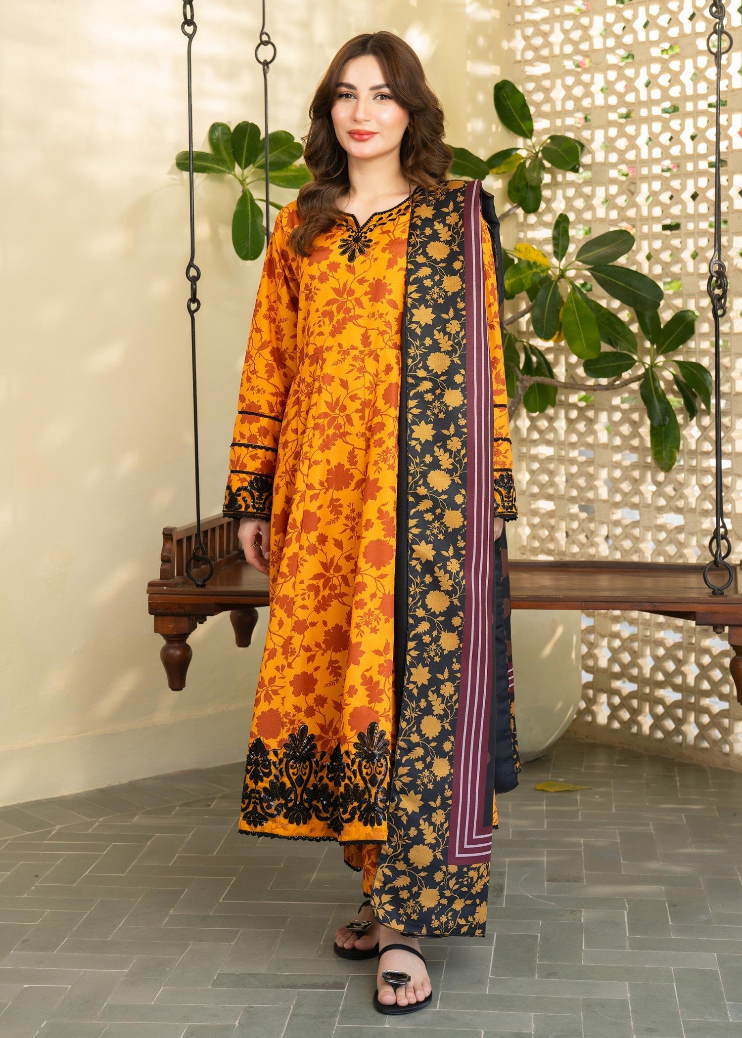 khaddar Gown in Multi