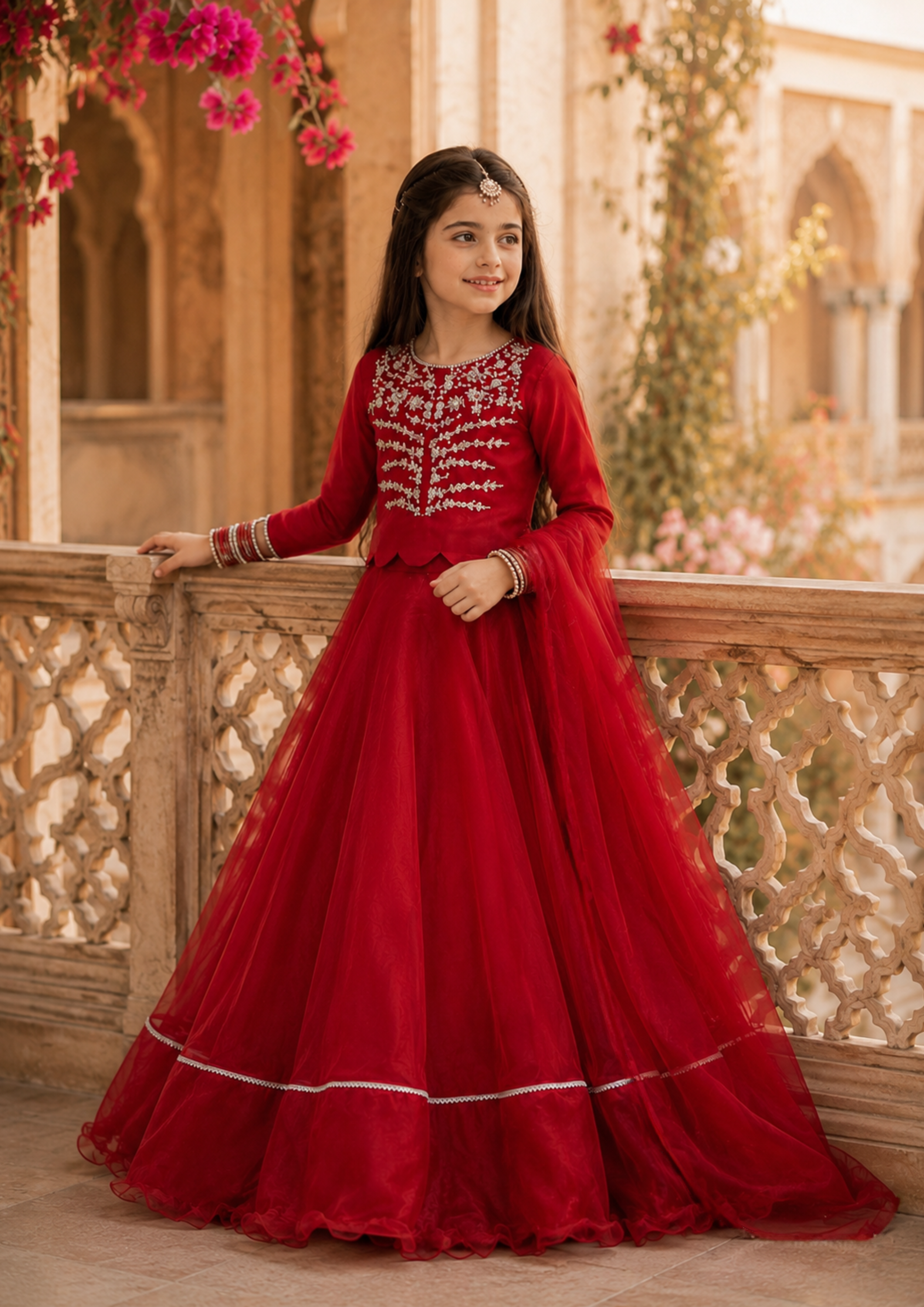 tissue silk Lehenga in Fire red
