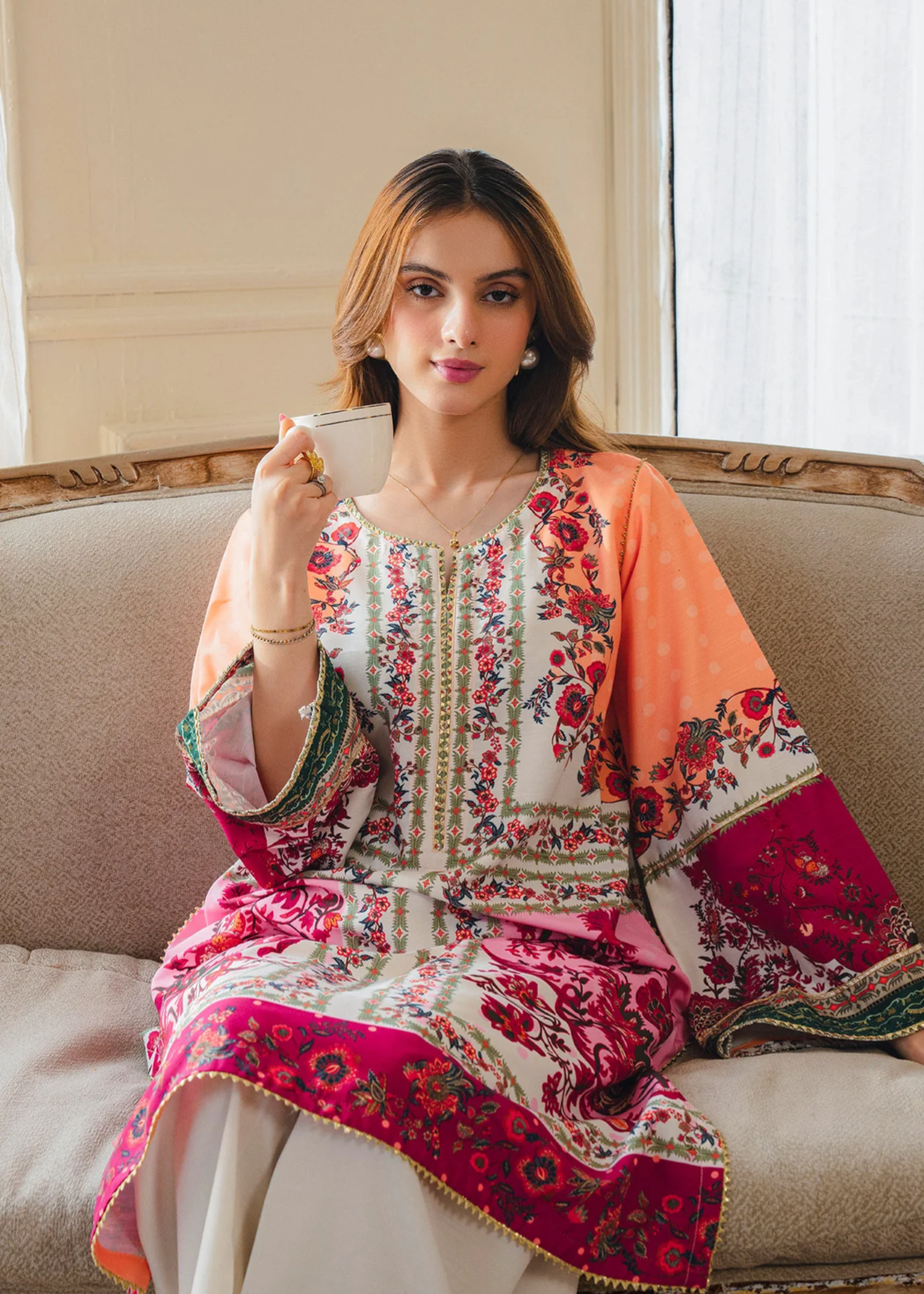 raw silk Kurta Set in Coral orange, bubblegum pink, red