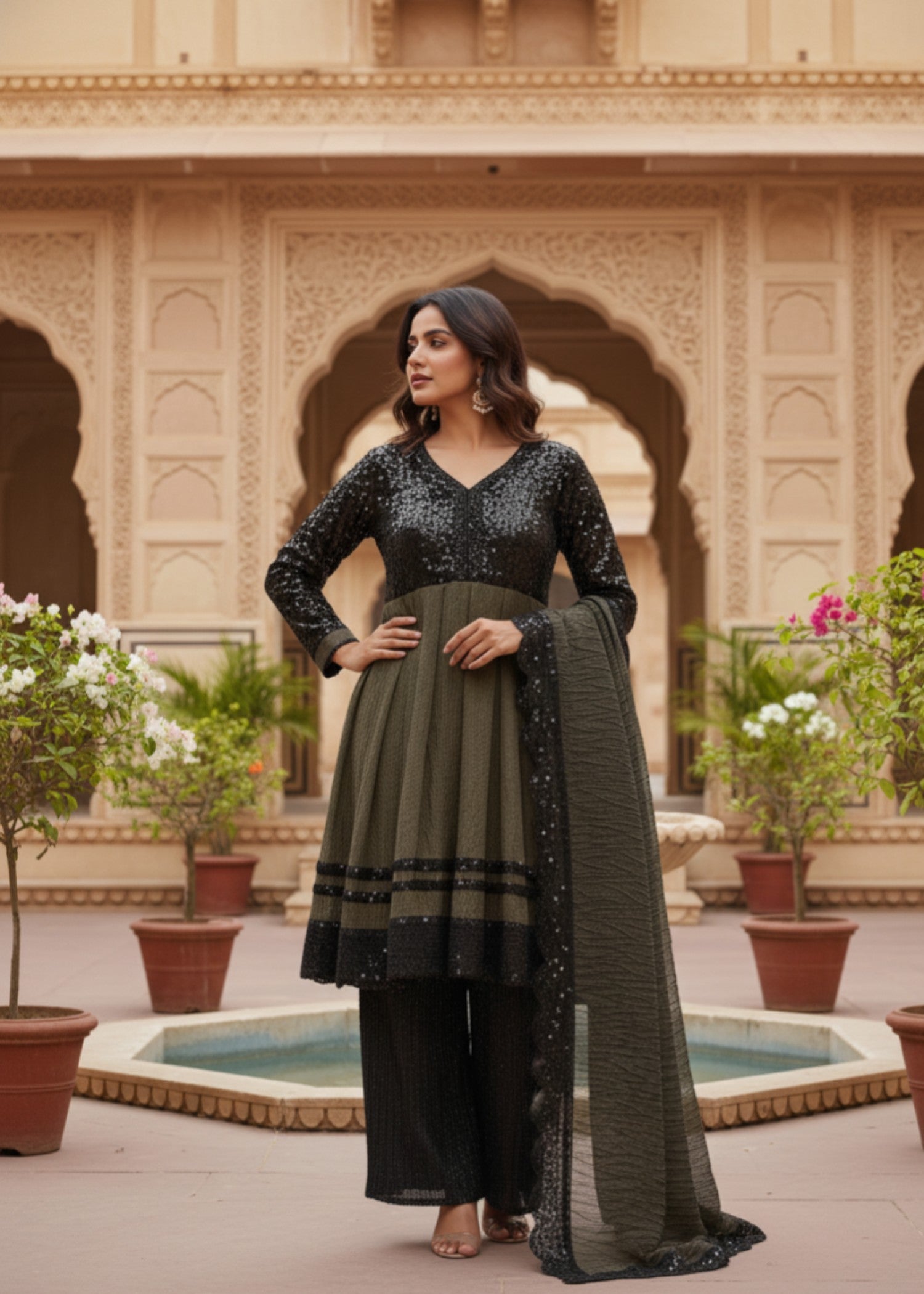 chiffon Short Frock in Olive green, black