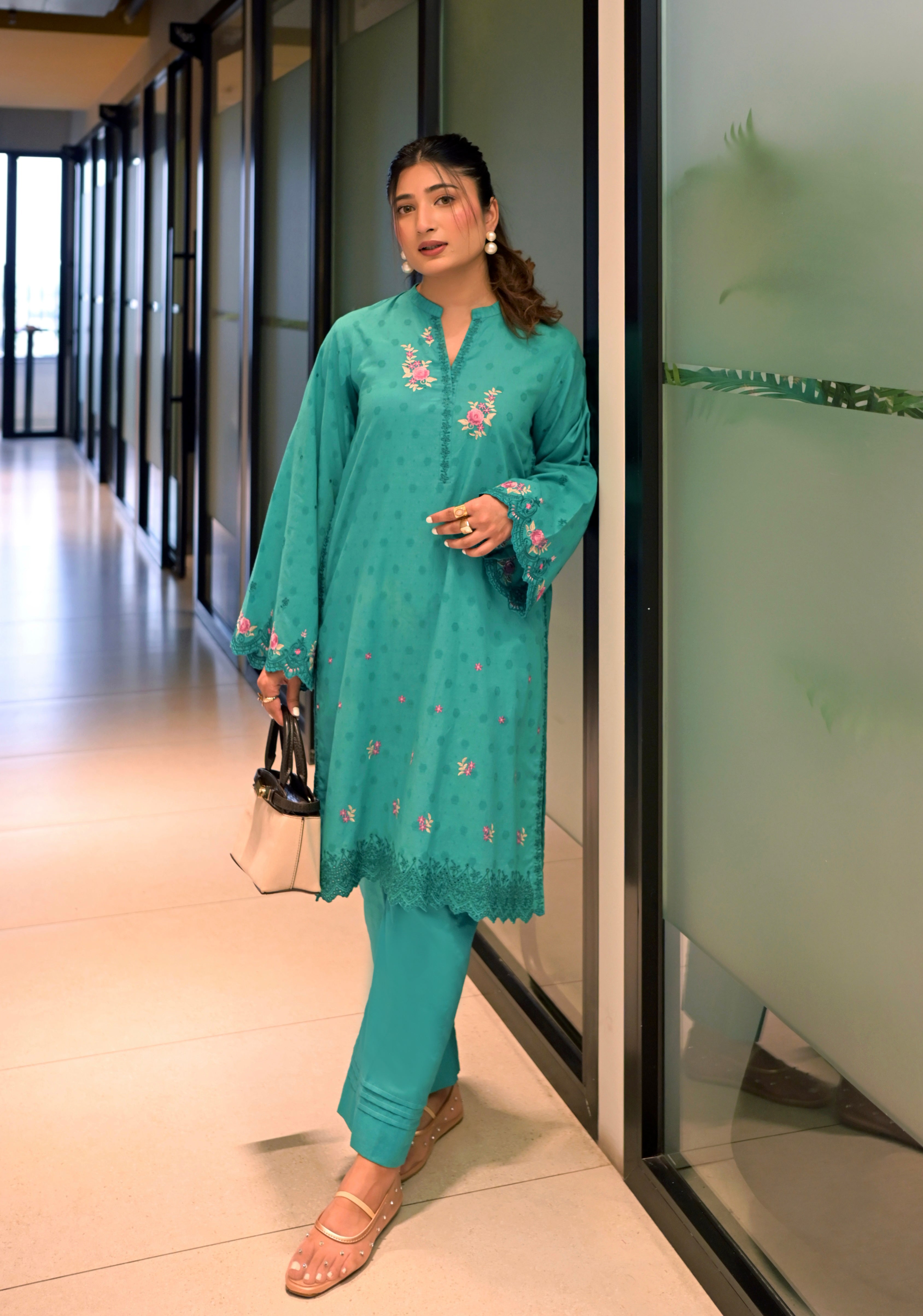 jacquard Kurti in Sea green