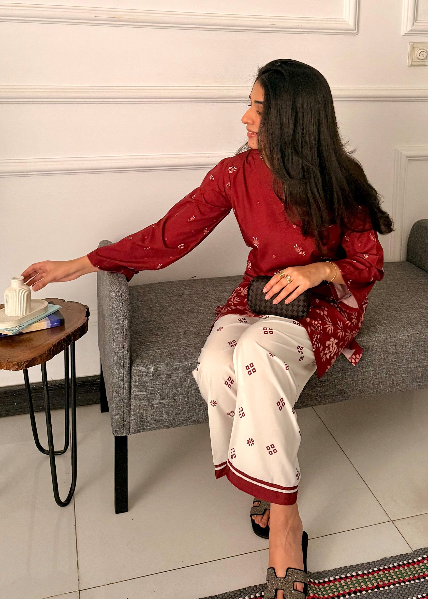 poly lawn Kurta Set in Blood red
