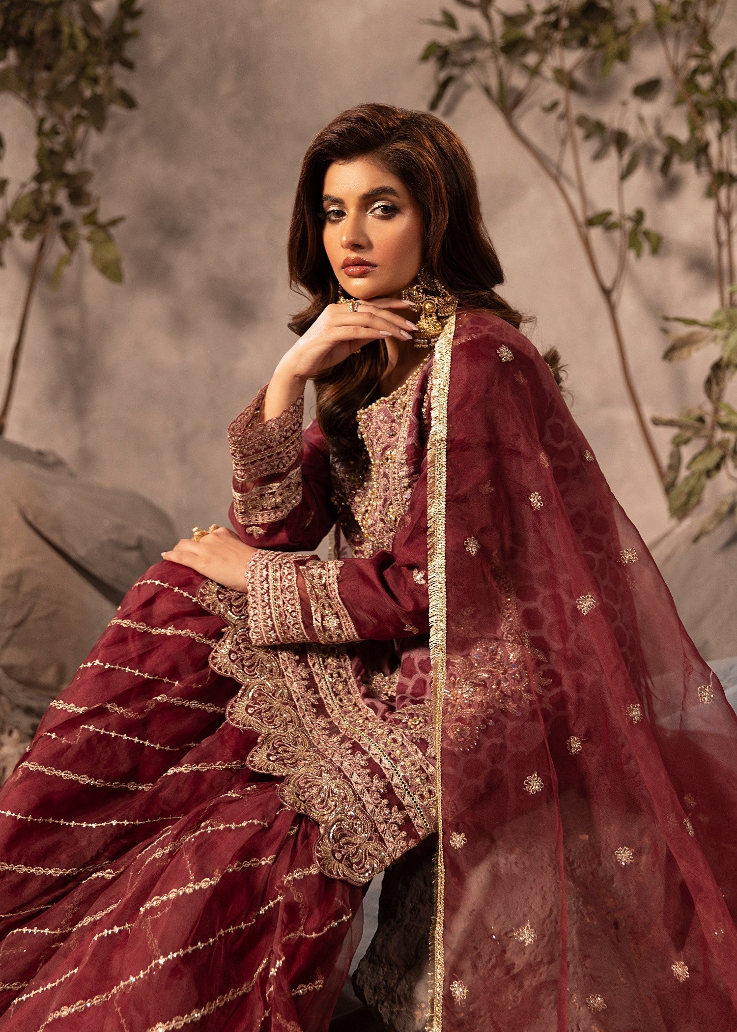 organza Gharara in Maroon
