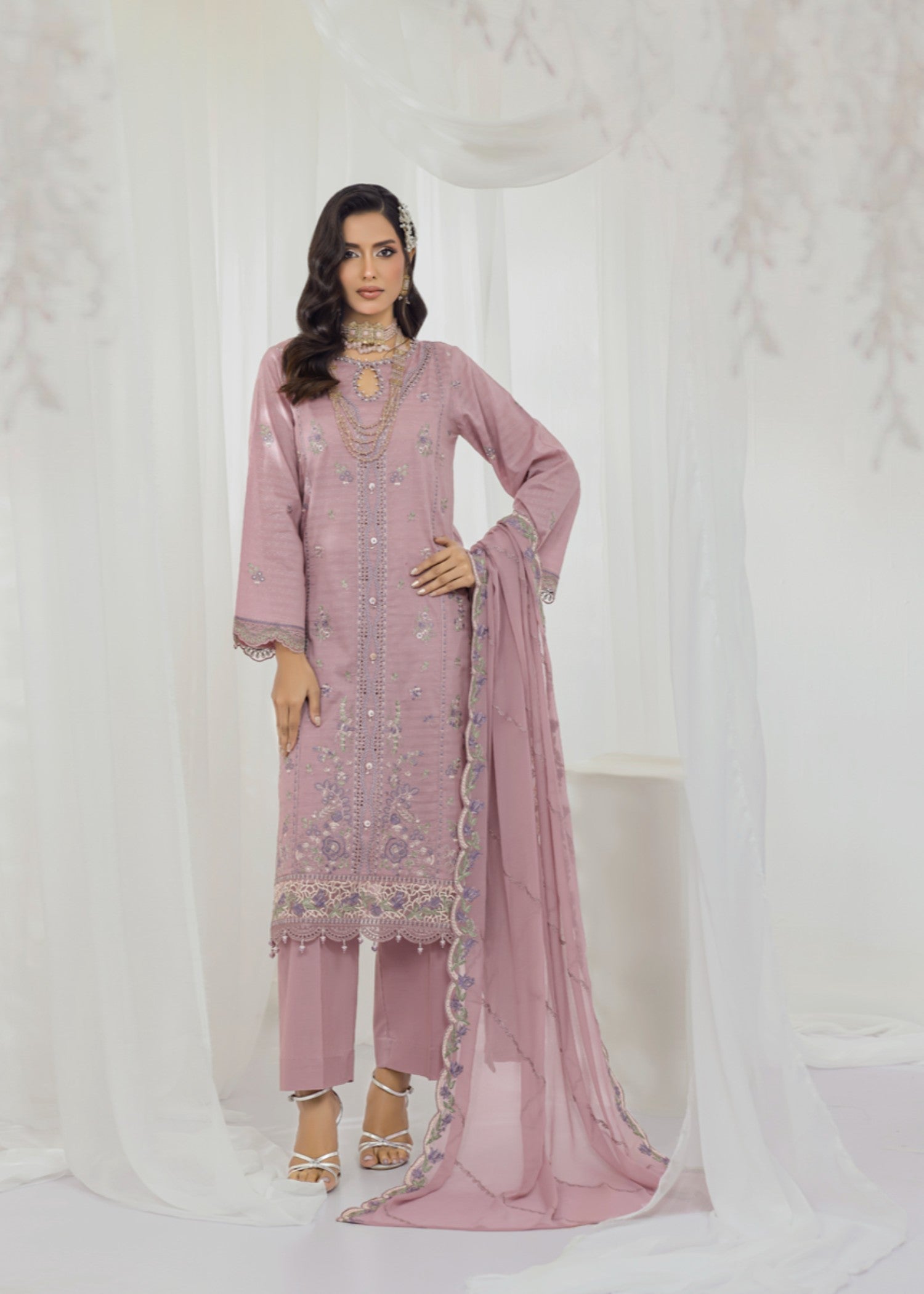slub cambric Kurta Set in Mauve pink