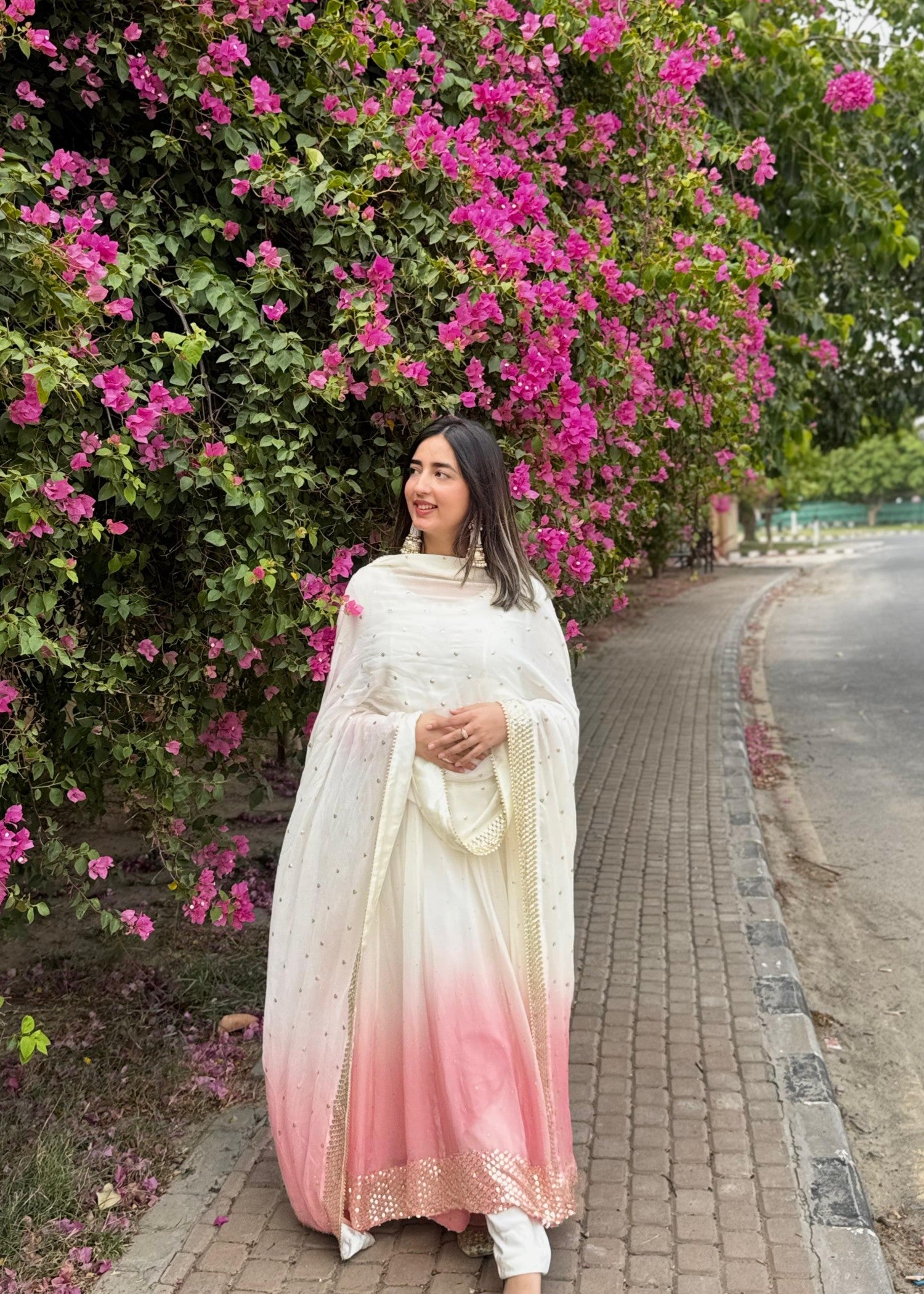 chiffon Pishwas in Tea rose pink, ivory
